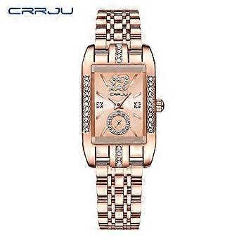 Reloj CRRJU nuevo modelo 5017 para mujer, con correa de acero inoxidable y diseño sencillo de estilo cuadrado.