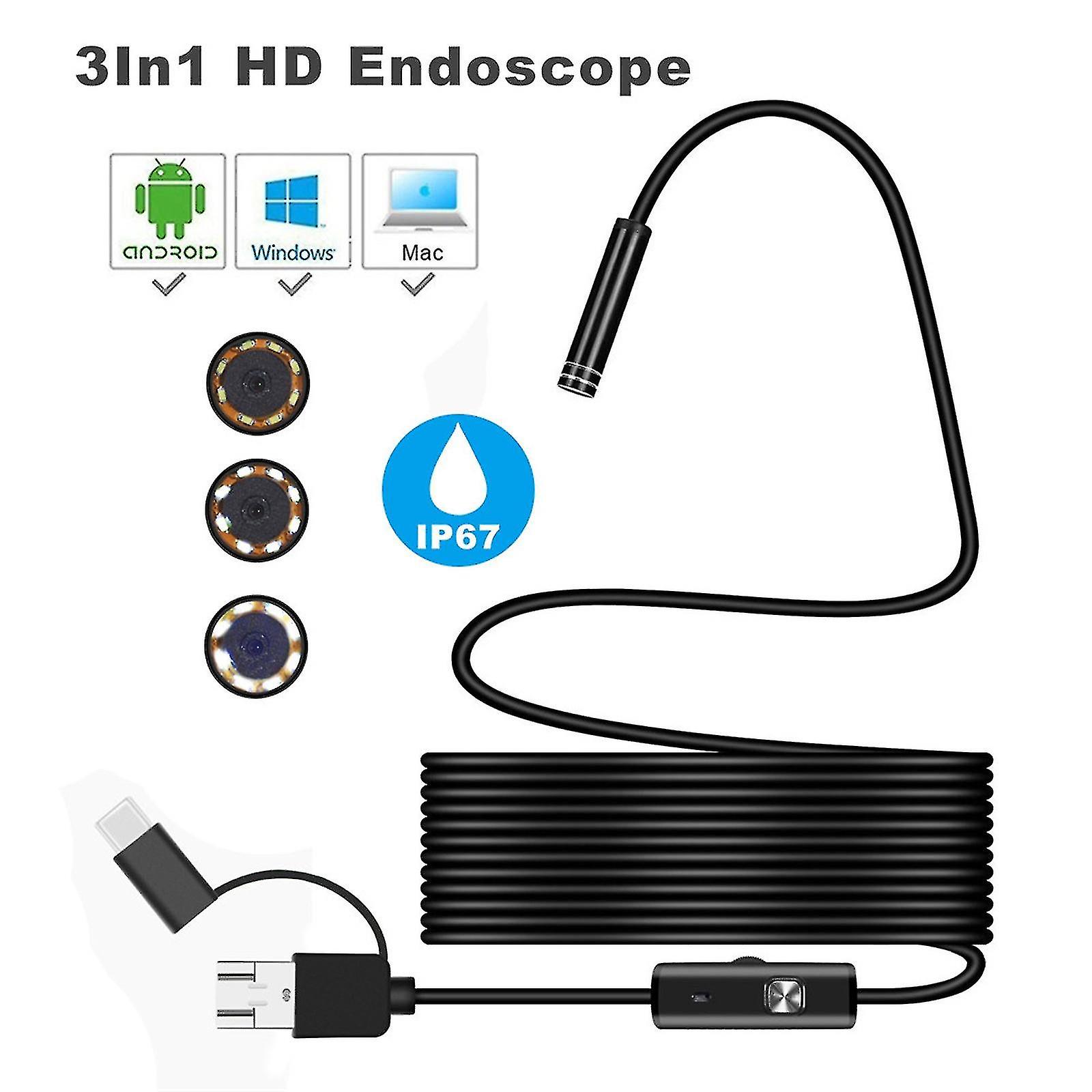 3in1 Android Usb Type-c Endoscope Inspection 7mm Camera 6 Led Hd Waterproof