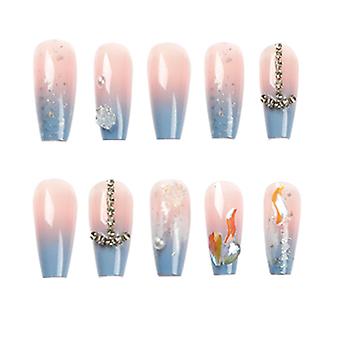 Blue Pink Smudging Pearl Long Fake Nails Durable & Never Splitting Comfort Fake Nails For Shopping Traveling Dating