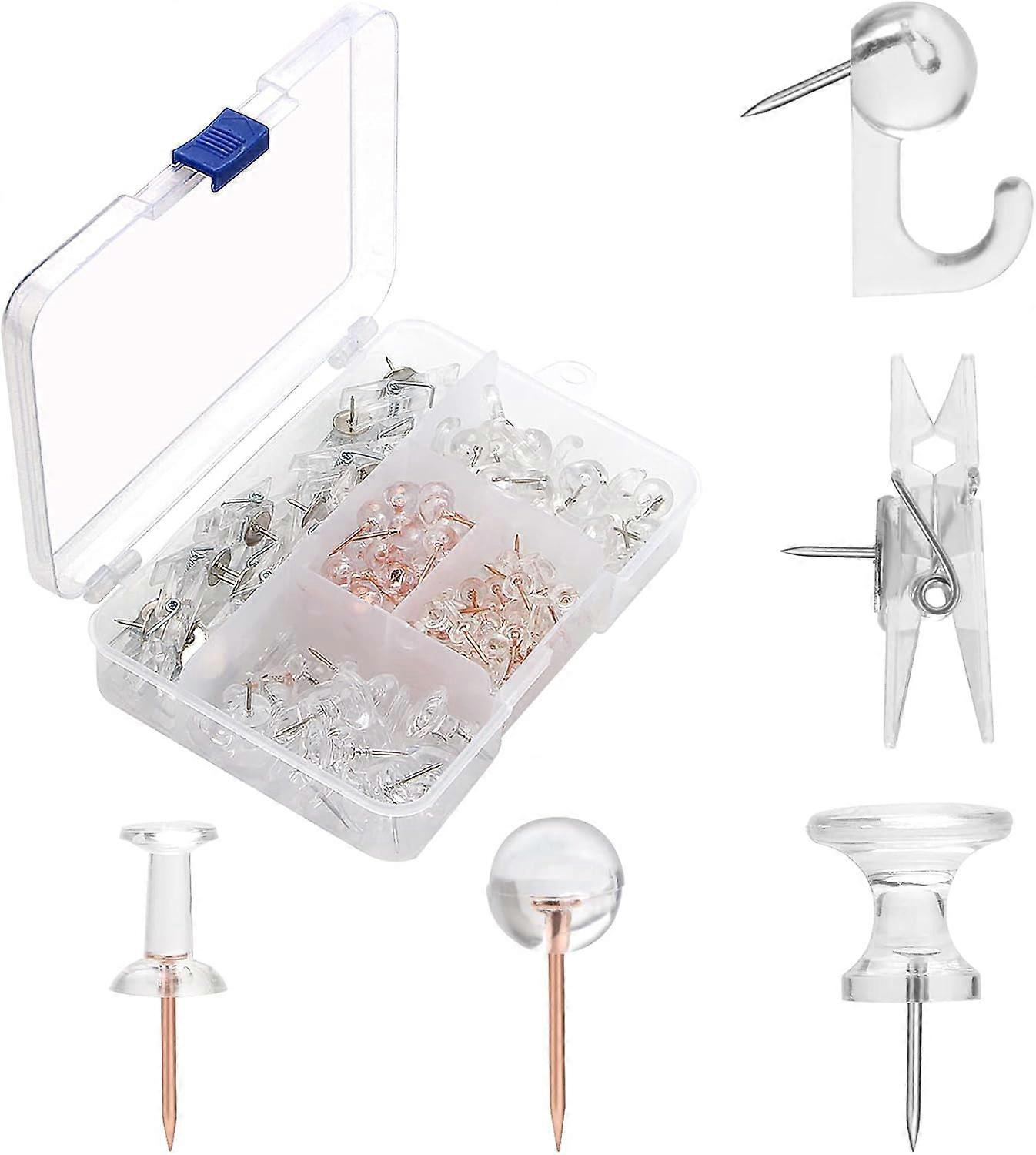 Clear Push Pins Set, 5 Styles 125-count Thumb Tacks Map Pins, Steel Point and Clear Plastic Head Pushpins Transparent Thumbtacks for Cork Bo