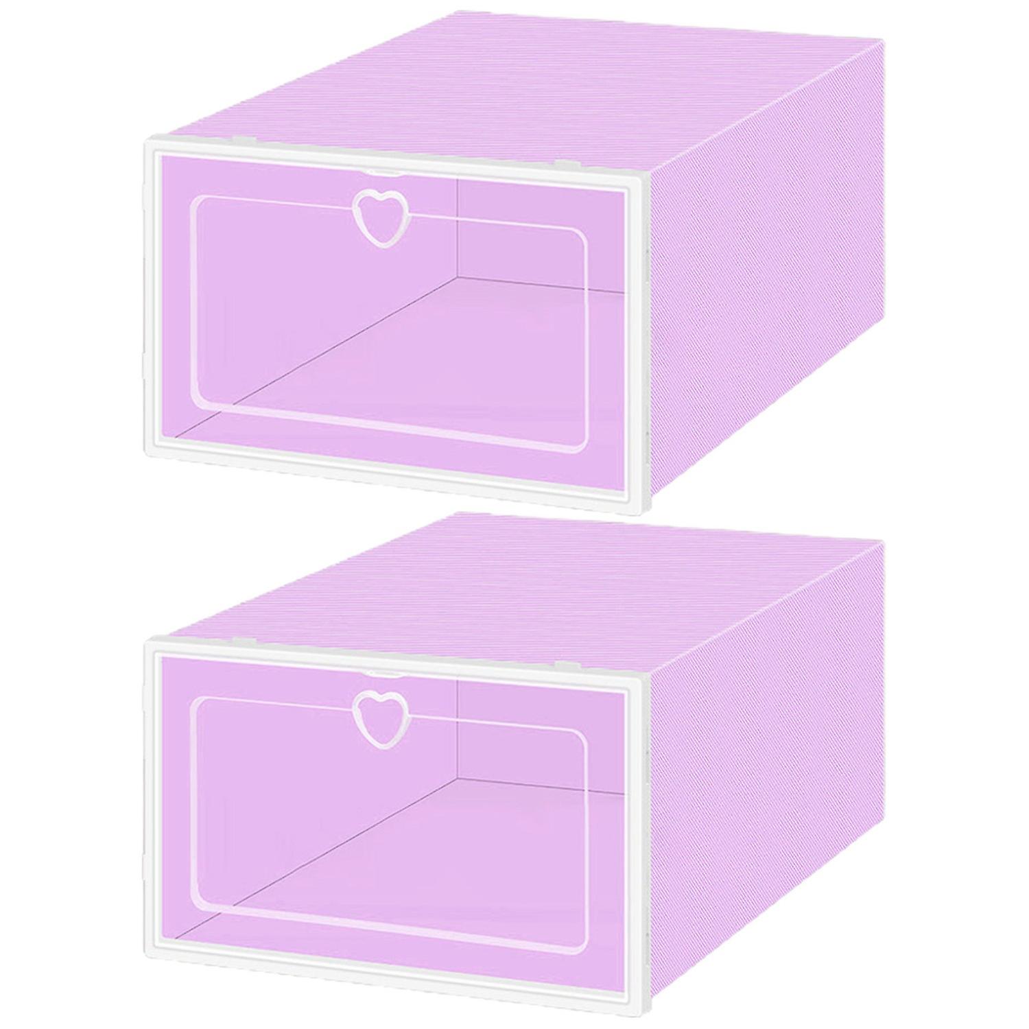 2Pcs Shoes Box with Heart Pull Ring Easy Assembly Plastic Drawer Type Shoes Case Home Storage