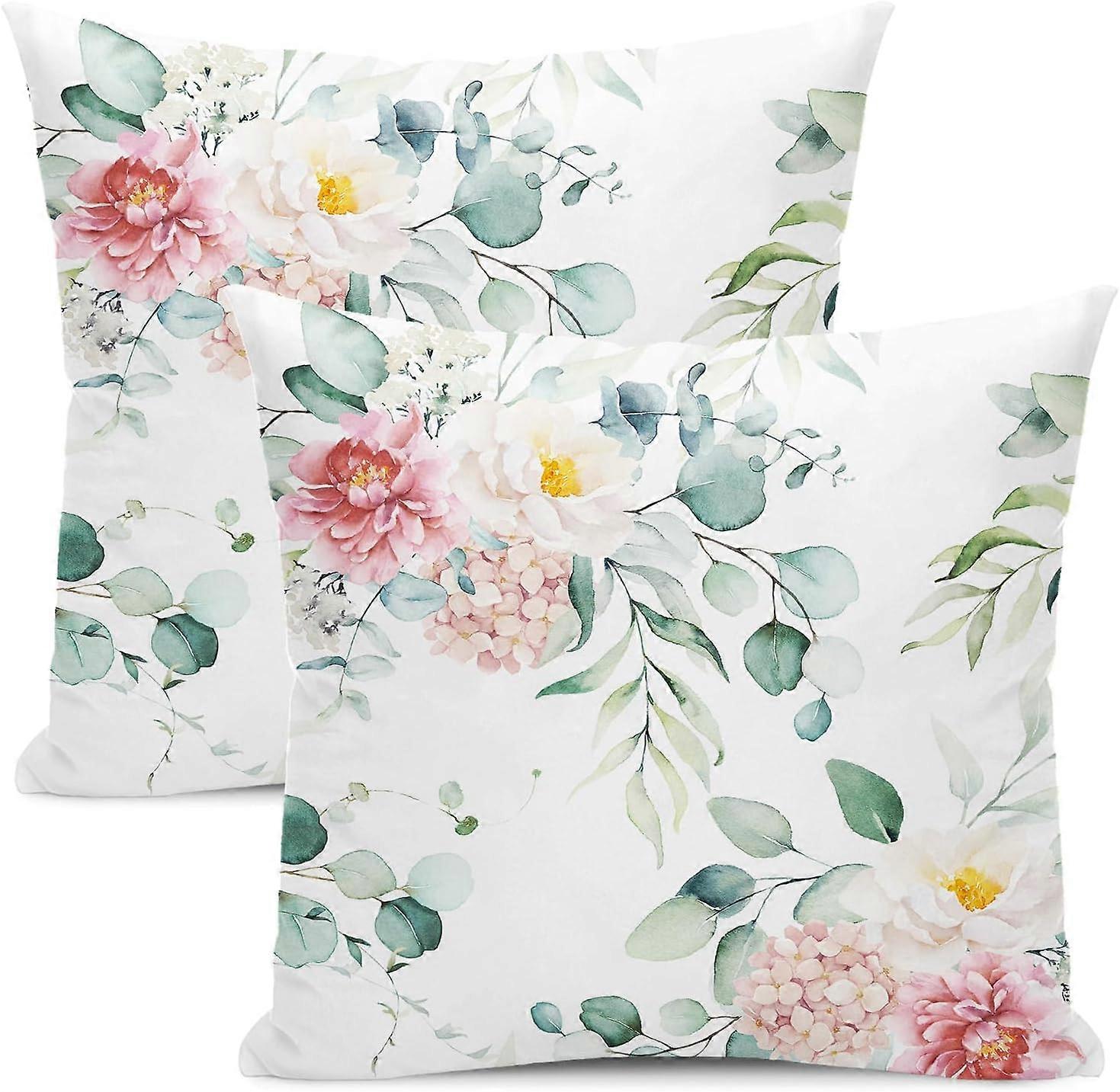 Spring Sage Green Leaves Pillow Covers 20x20 Inch Set of 2,Watercolor Pink Red Eucalyptus Floral Throw Pillows Case,Flower Print Decorative Cushion Co