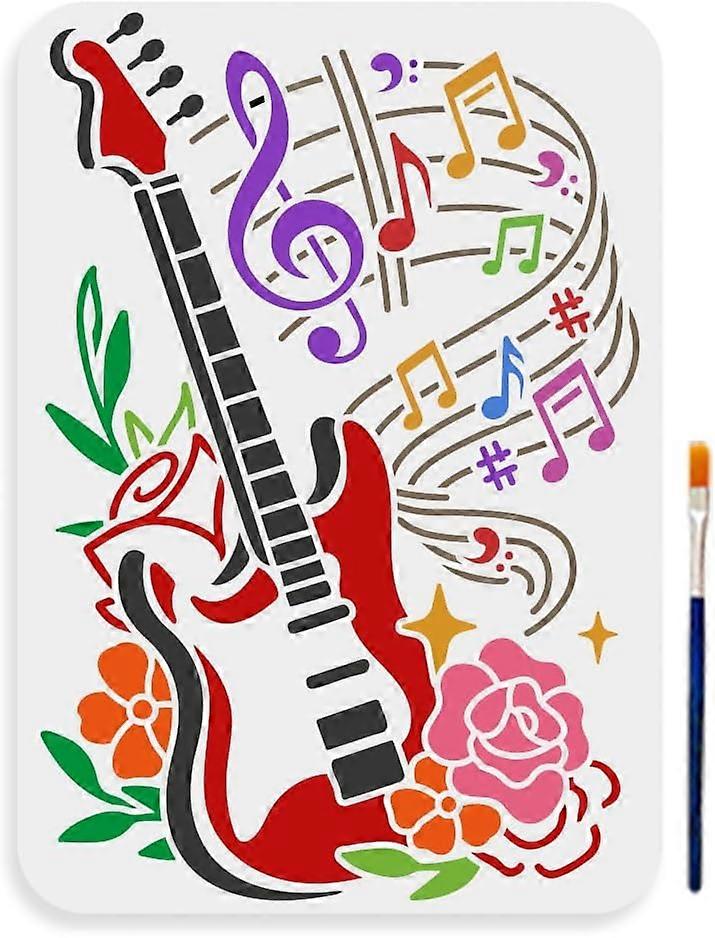 Guitar Sheet Music Note Stencil 11.78.3inch Large Music Notes Flower Stencil with Paint Brush Reusable Musical Instruments Stencil for Painting on Fur