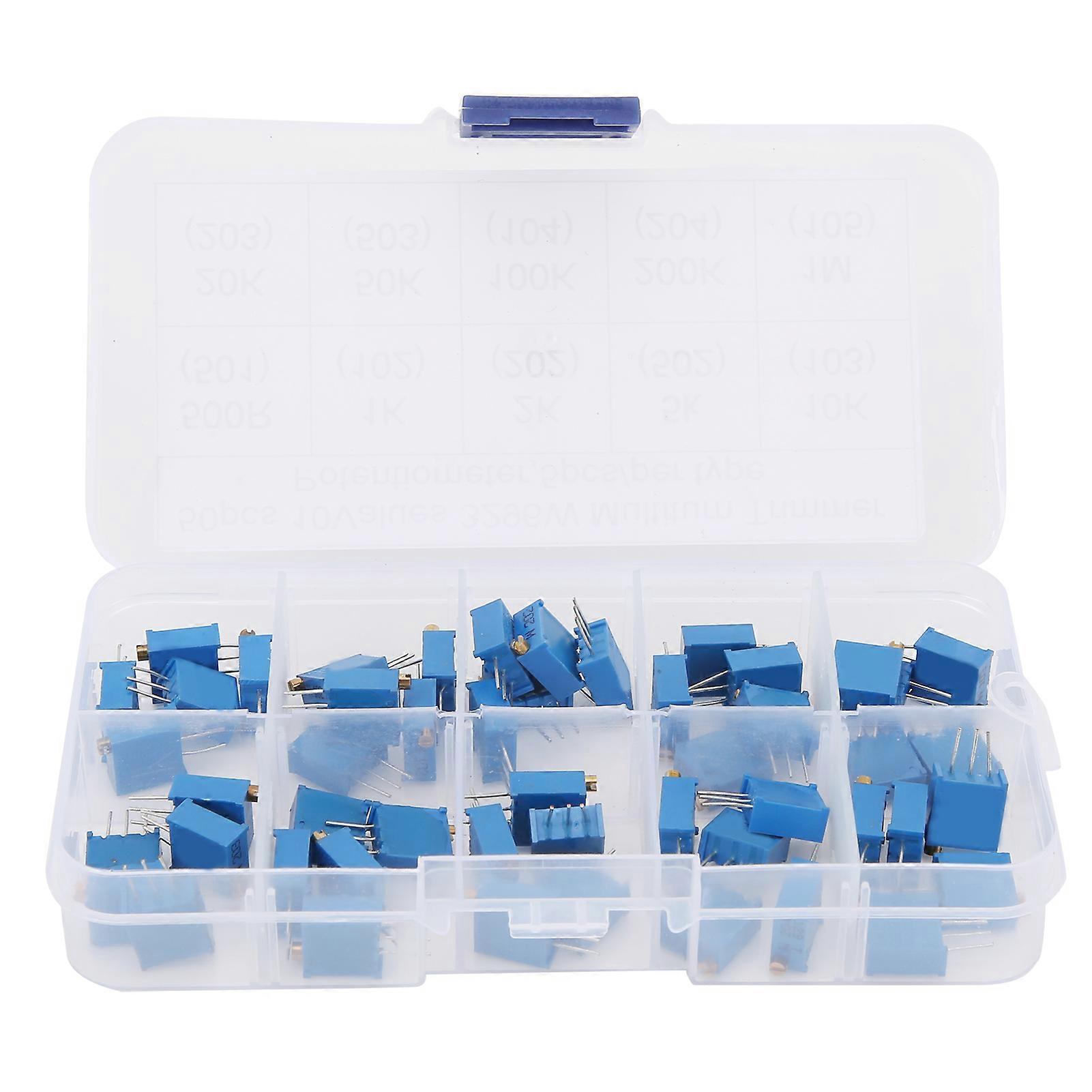 50pcs Variable Resistor 10 Values 3296W Regulating Resistance Multiturn Trimmer Potentiometer 1001M