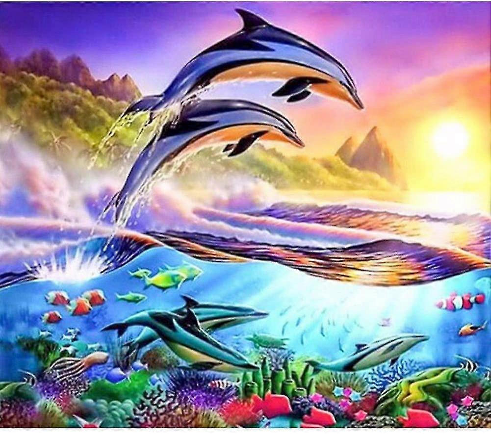 مجموعات الرسم الماسي للأطفال البالغين ، 5D دي دولفين الماس الملحقات الفنية مع جولة الحفر الكامل لديكور الحائط المنزل