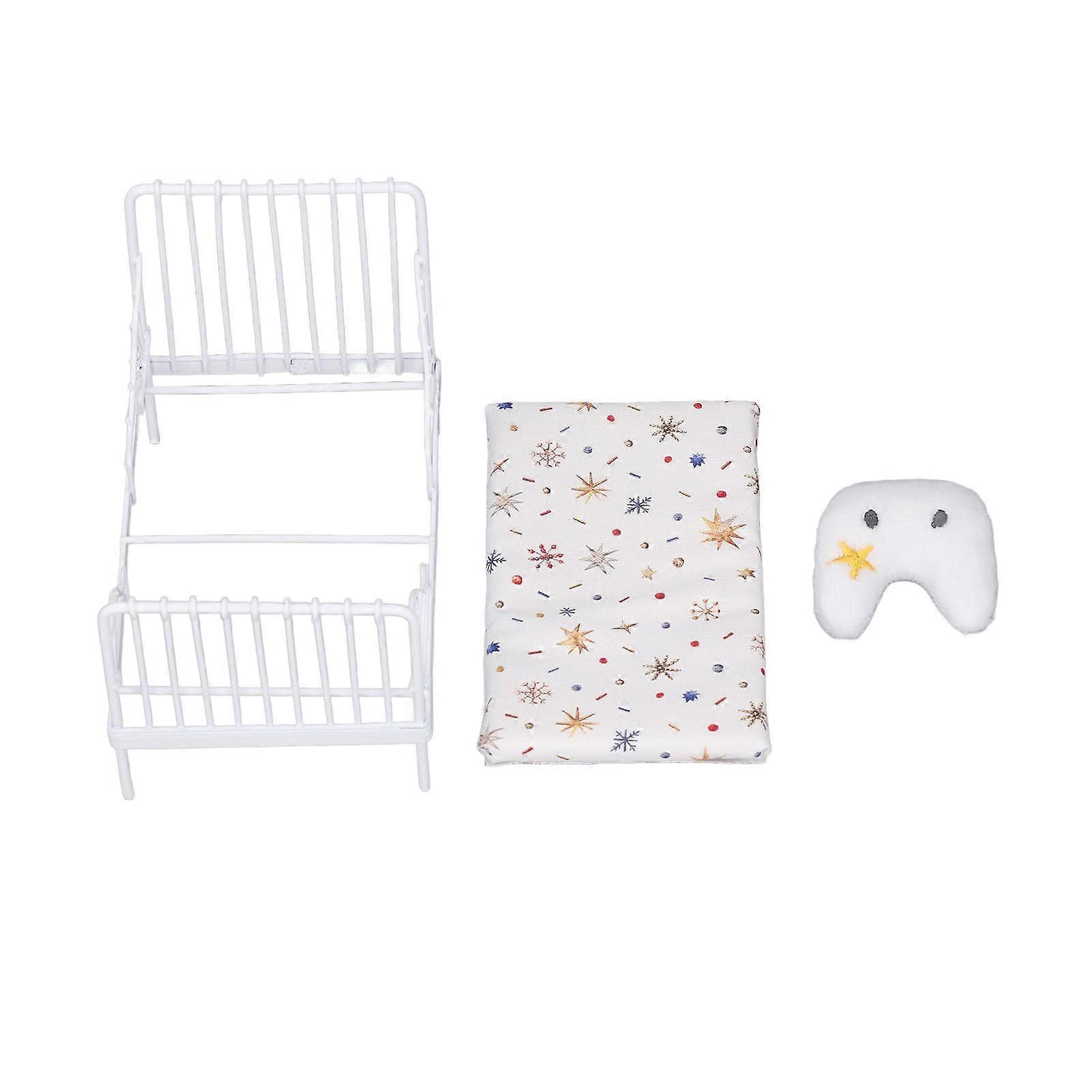 1:12 Scale Dollhouse Furniture Mini Bed Set Decorative Pillow Metal Frame Realistic Miniature Bed White Star Pattern