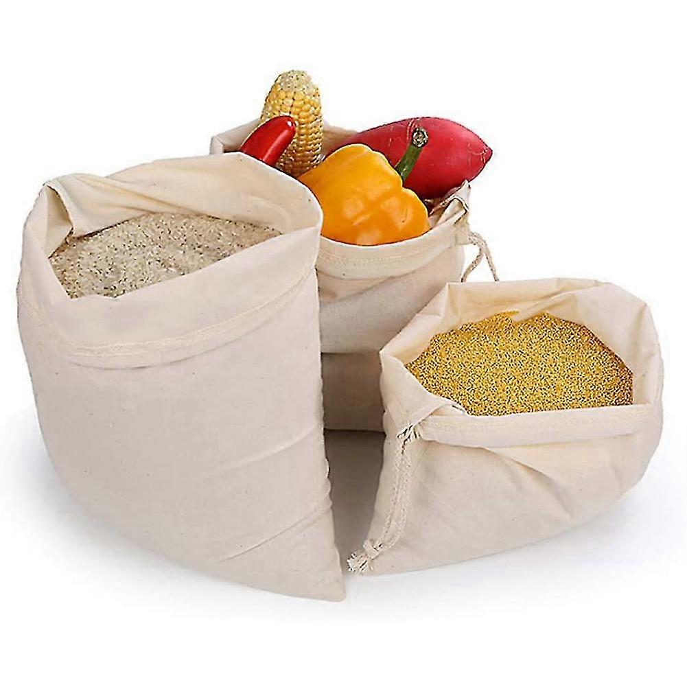 3pcs Cotton Bunch Mouth Bread Bag With Drawstring Reusable Fruit And Vegetable Product Bag