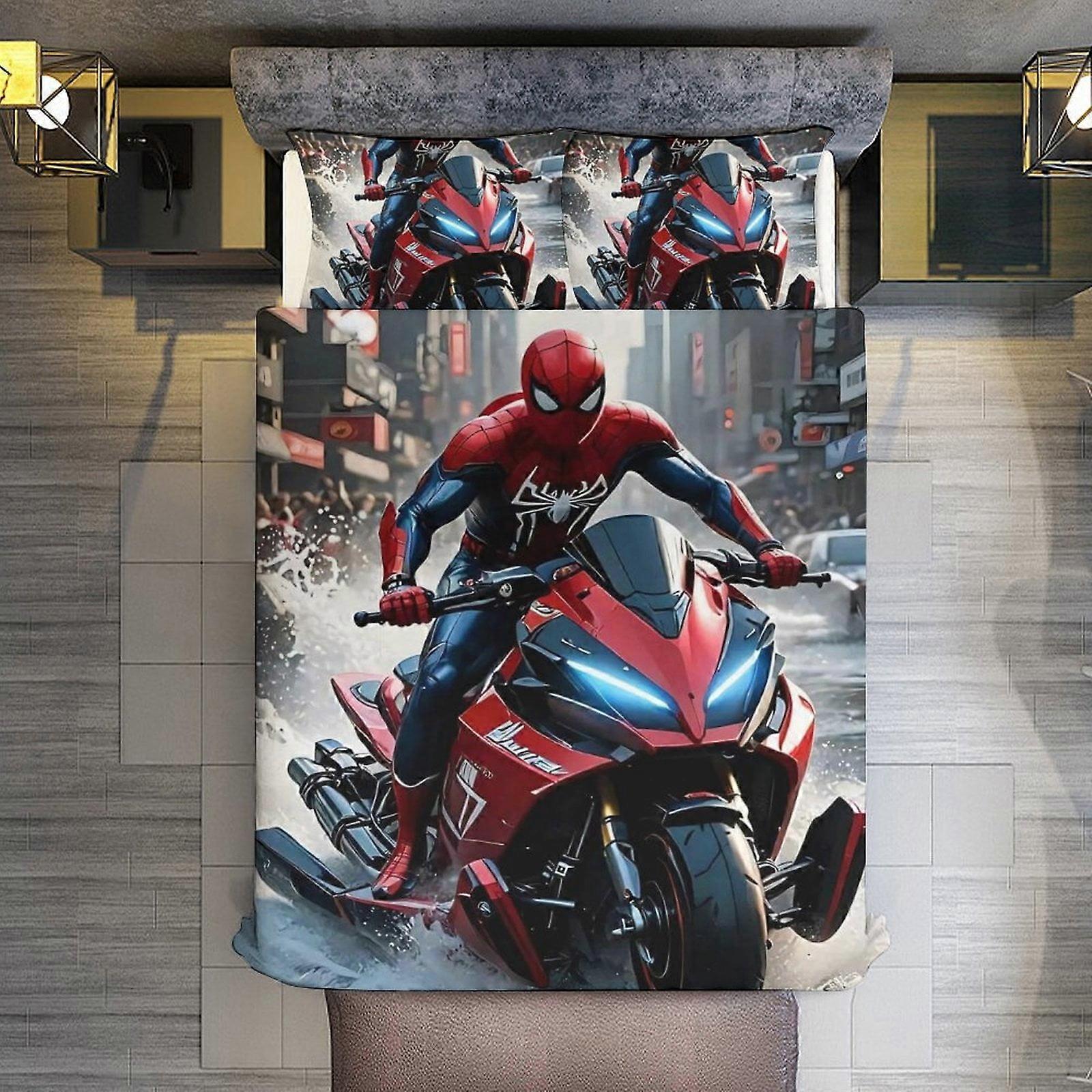 v3128  Bed Sheets Bedding 3 Piece Bedding Set,Spider-Man Riding A Motorcycle Comforter Set for Kids Boys Teen Men Tween 3D Lightweight Microfiber Bedd