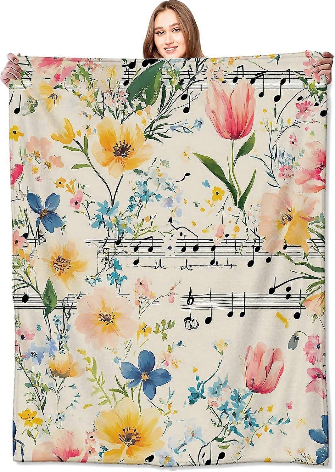 Koc muzyczny Kwiatowe koce do rzucania z pastelowym kwiatem, prezenty urodzinowe dla kobiet i miłośników muzyki, lekki miękki polar, na rozkładaną sofę