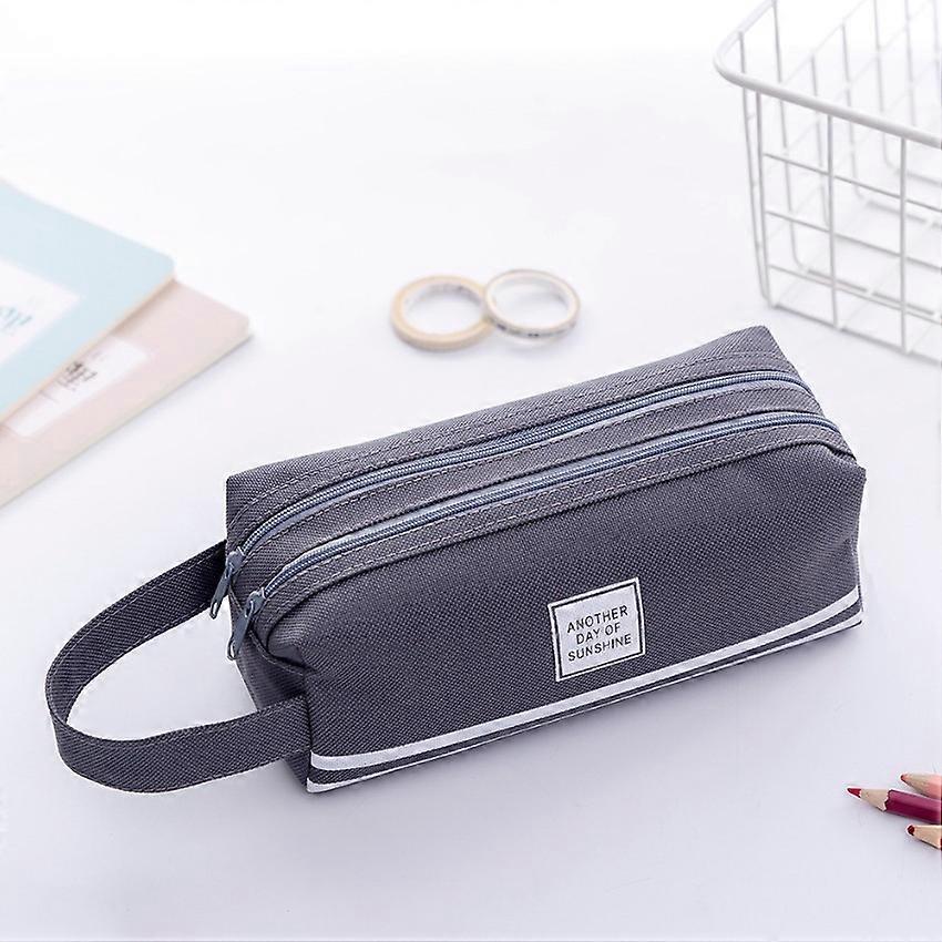 Pencil Case Boys Girls Canvas Large Capacity Double-layer Zipper Stationery Bag grey