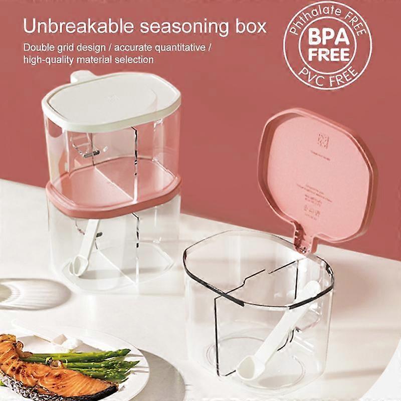 One-piece Split Grid Seasoning Box Double Grid With Spoon Storage Jar Transparent Sugar Salt Shaker Kitchen Organizer Accessory