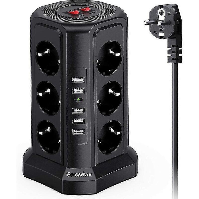 Tower Power Strip, Power Strip With 12 Sockets And 5 Usb Ports (2500w/10a), Lightning Protection Power Strip With 5m Cable And 2 Switches, Overload Pr