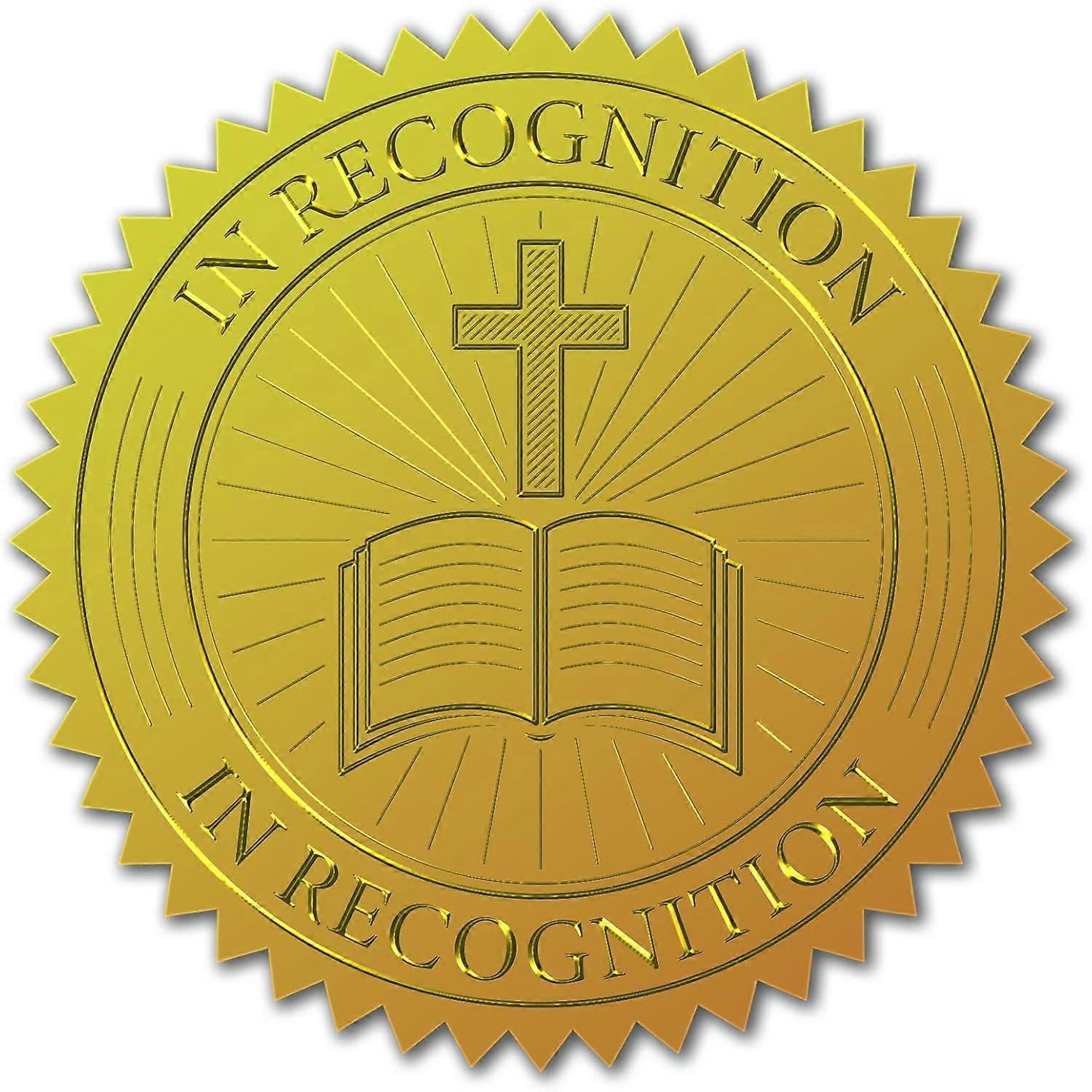 Book Cross Gold Foil Certificate Seals in Recognition 100pcs Embossed Gold Envelope Stickers 2" Round Self Adhesive Embossing Sticker for Invitations