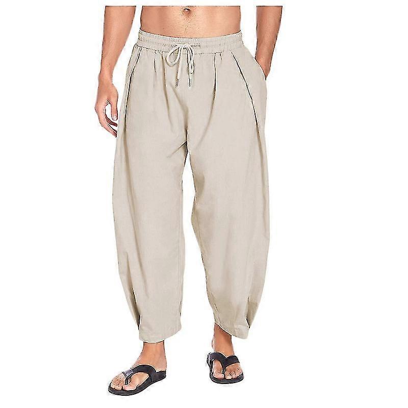 Herren Baumwoll-Leinen-Haremshose Lässige Cropped-Hose mit Kordelzug Leichte, lockere Strand-Yogahose mit Taschen