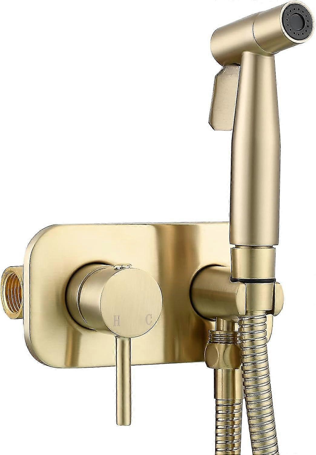 Rustfrit stål håndbruser toilet bærbart bidetsæt varmt og koldt vand bruserslange bidet toilet komplet sæt, børstet guld, WS024J2F2