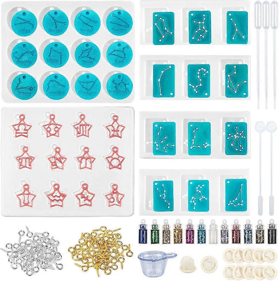 36pcs Twelve Zodiac Signs Silicone Molds Constellation Pendants Resin Casting Mold Kit of Three Styles with Sequins and Tools for Epoxy Resin Jewelry