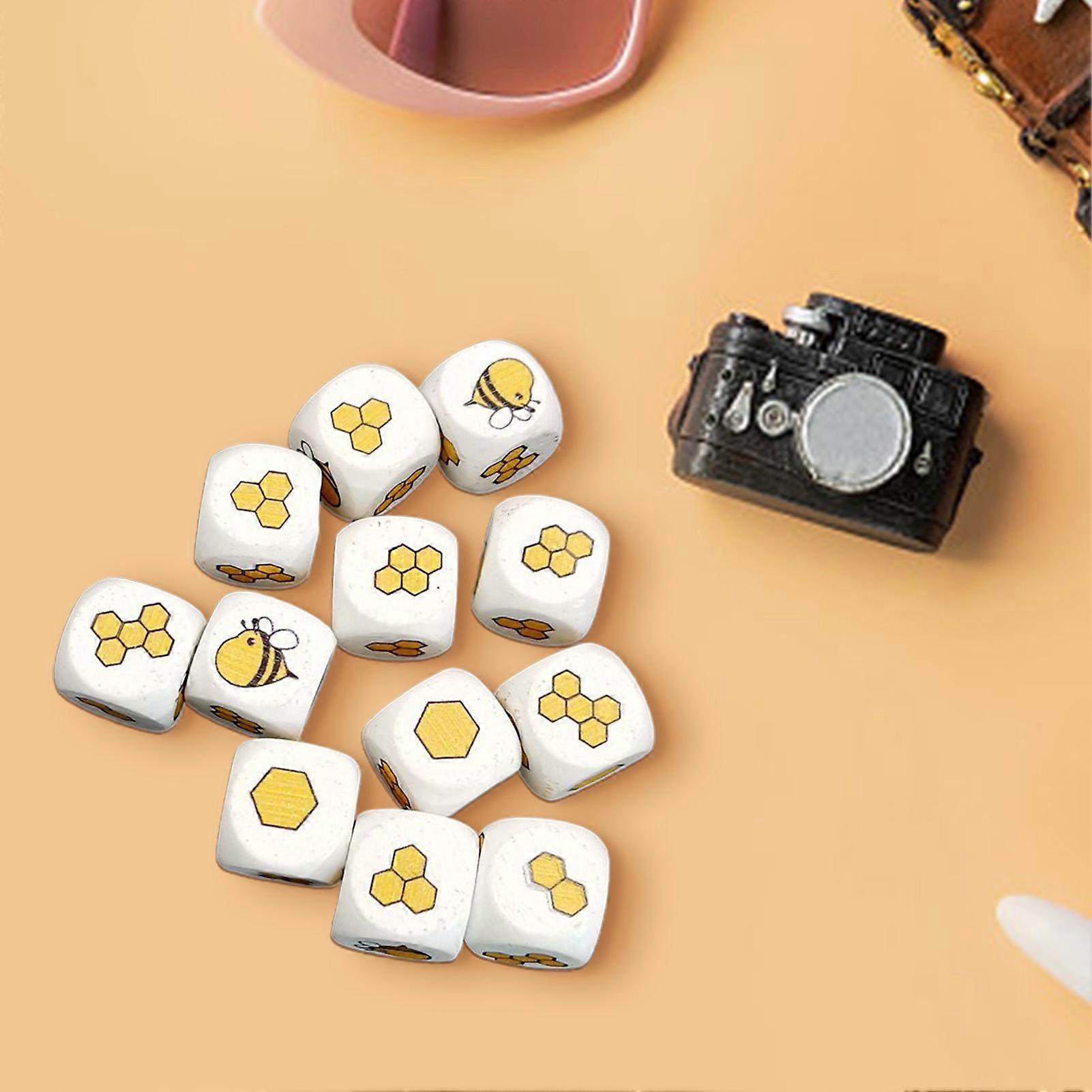 12Pcs Bee Pattern Cube Shape Baby Dice Toy Wood Hand-on Ability Rolling Dice Toy for Entertainment mengxi