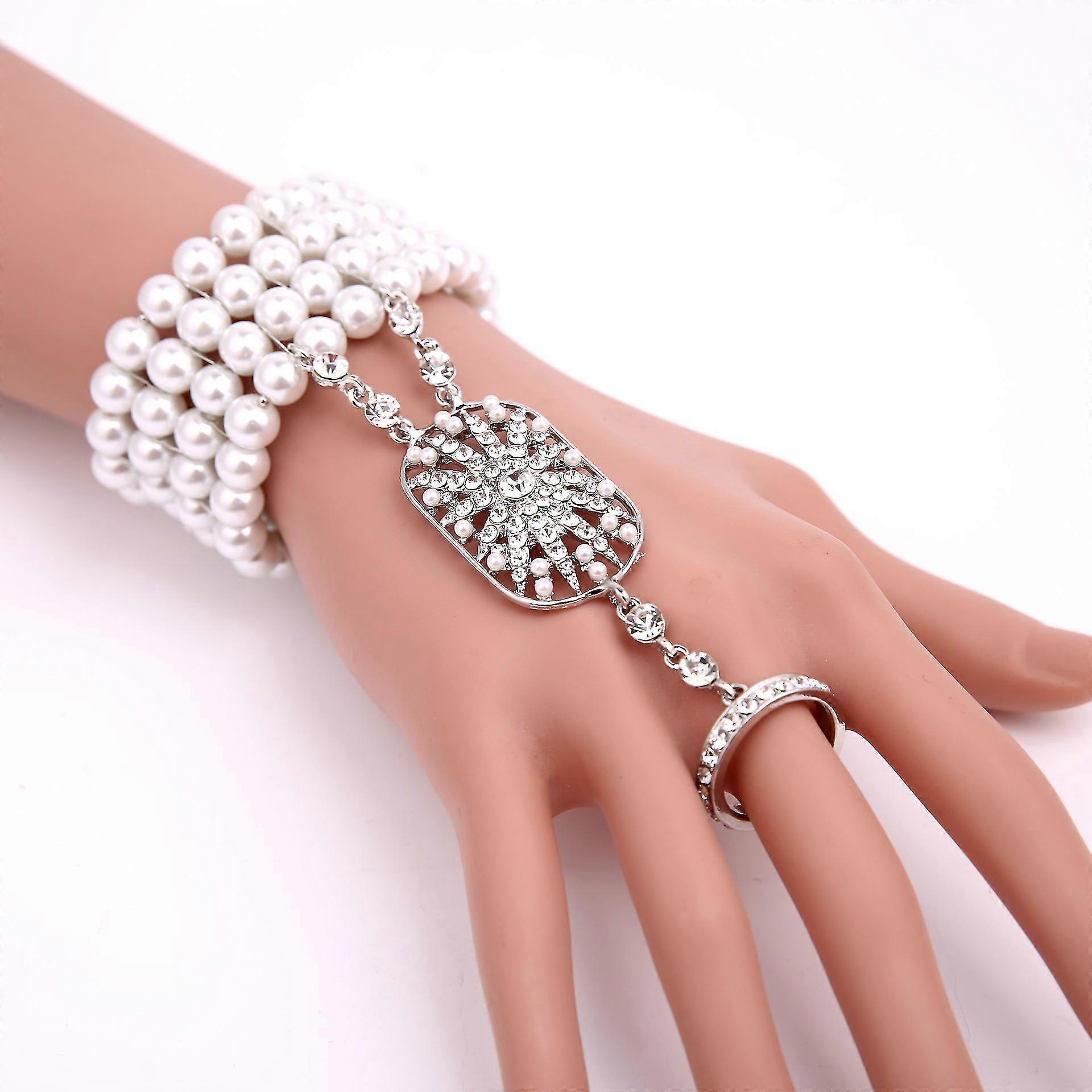 1920s Flapper Bracelet Ring Set Roaring 20s The Great Gatsby Austrian Crystals Imitation Pearl Bracelet