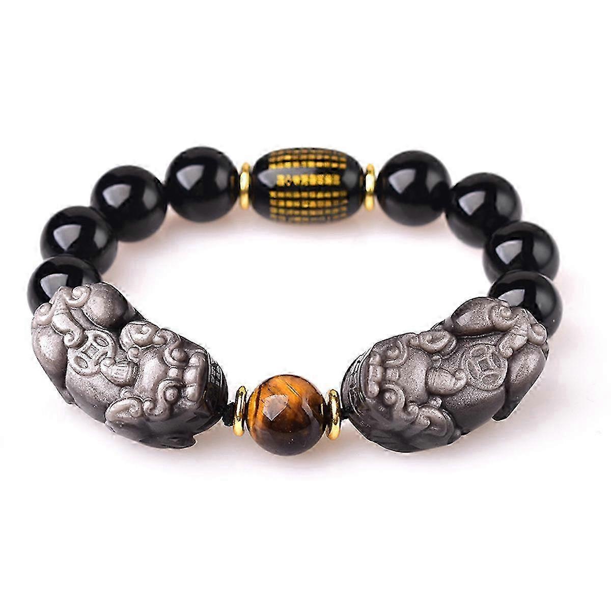 Crystal Bracelet Natural Silver Obsidian Two Brave Troops Beaded Bangle Stretchy 10mm