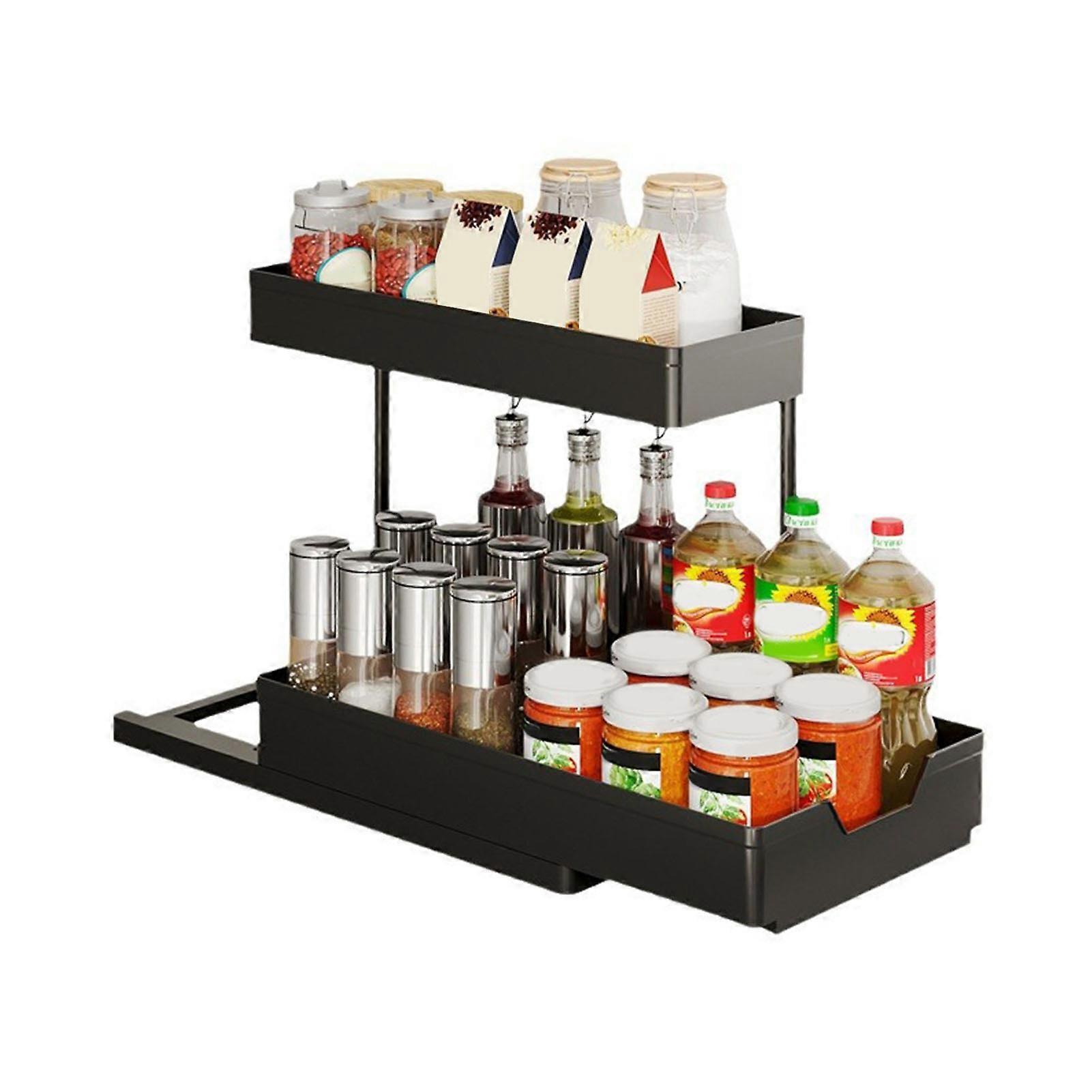 Kitchen Cabinet Pull-Out Storage Rack Under-Sink Organizer Large Capacity 2 Tier L-Shape Easy Installation Storage Organizer