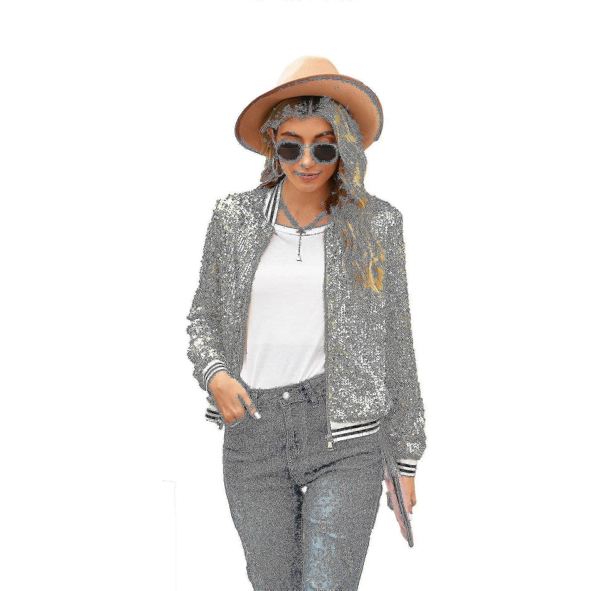 Femmes Sequin Ajusté Manches Longues Zipper Blazer Bomber Jacket