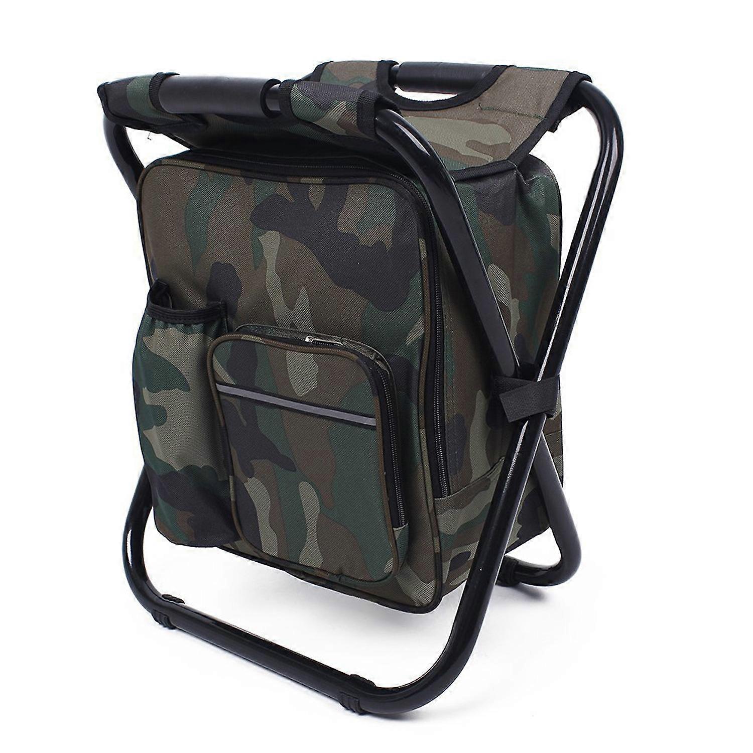 Folding camouflage camping chair stool with insulated backpack cooler picnic for