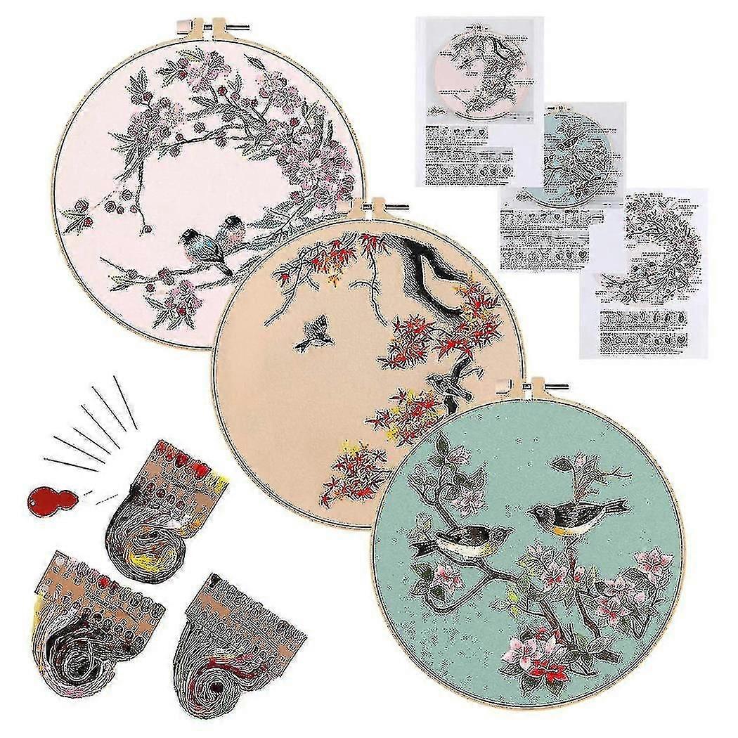 Embroidery Kit For Beginners, Kits For Adults Include 3 Embroidery Cloth With Birds Pattern