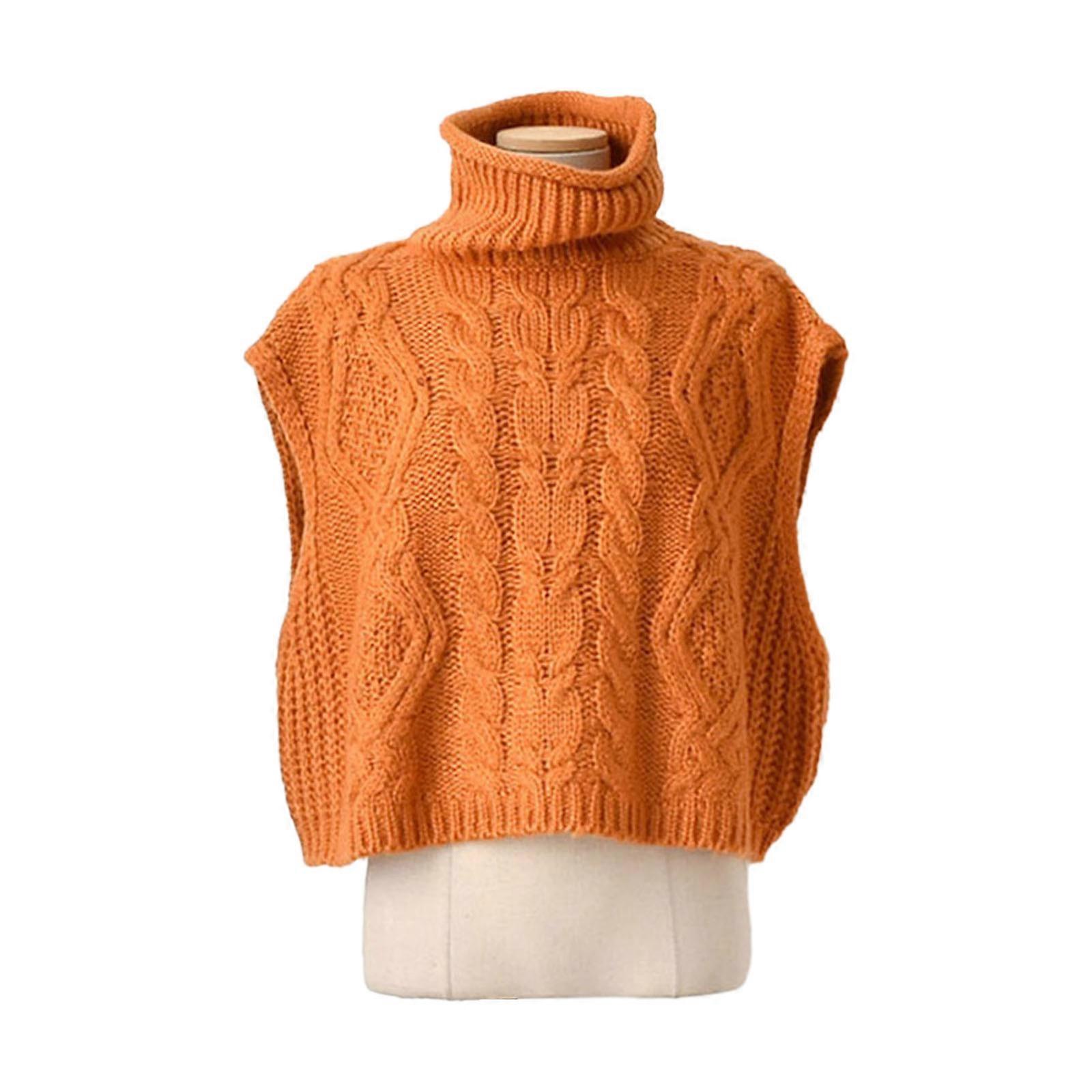 Korean Chic Women Sleeveless Turtleneck Sweater Vest Fall Winter Twist Cable Knit Solid Color Loose Pullover Tank Top  orange One Size