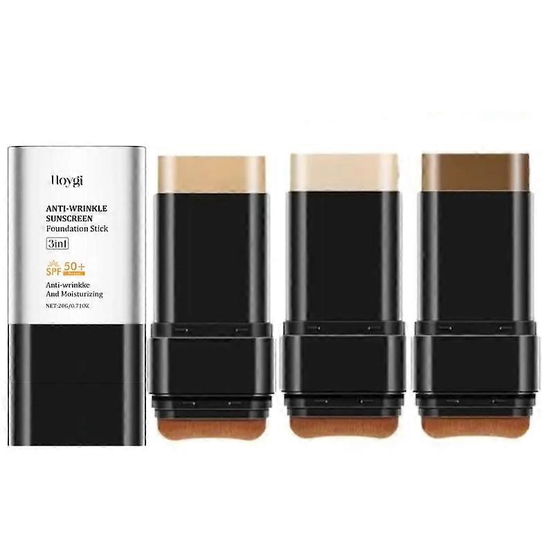 3Colors Anti-Wrinkle Foundation Stick with SPF 50+ Hydrating Lightweight Flawless Eraser Foundation Stick with Brush Moisturizing Double Head Make-Up 