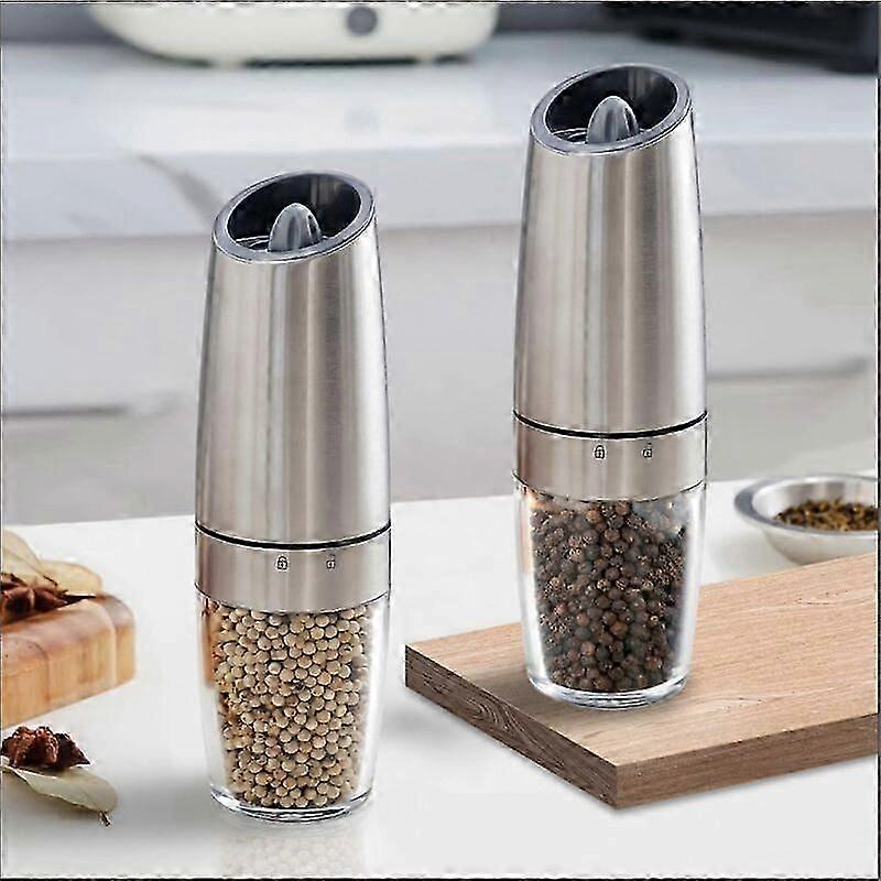 Set of 2 electric salt and pepper mills with automatic gravity switch and blue light - Stainless steel