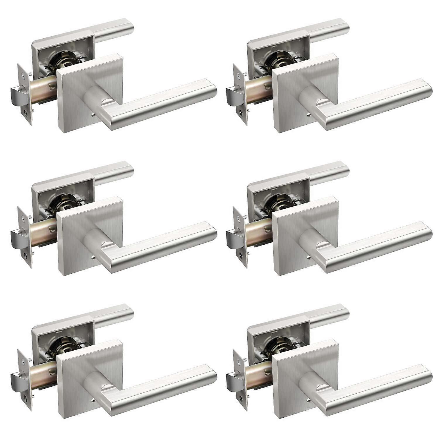 6 Pack Satin Nickel Door Handle Set, Modern Slim Square Door Levers with Emergency Lock for Bedroom and Bathroom Privacy