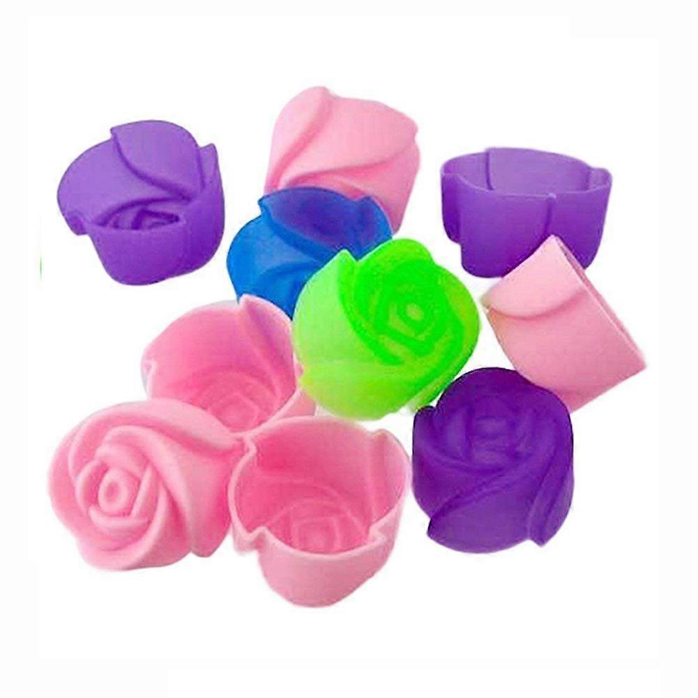 10pcs Cake Baking Mold Chocolate Jelly Maker Mould Silicone Rose Muffin Cookie Cup (Random Colors)