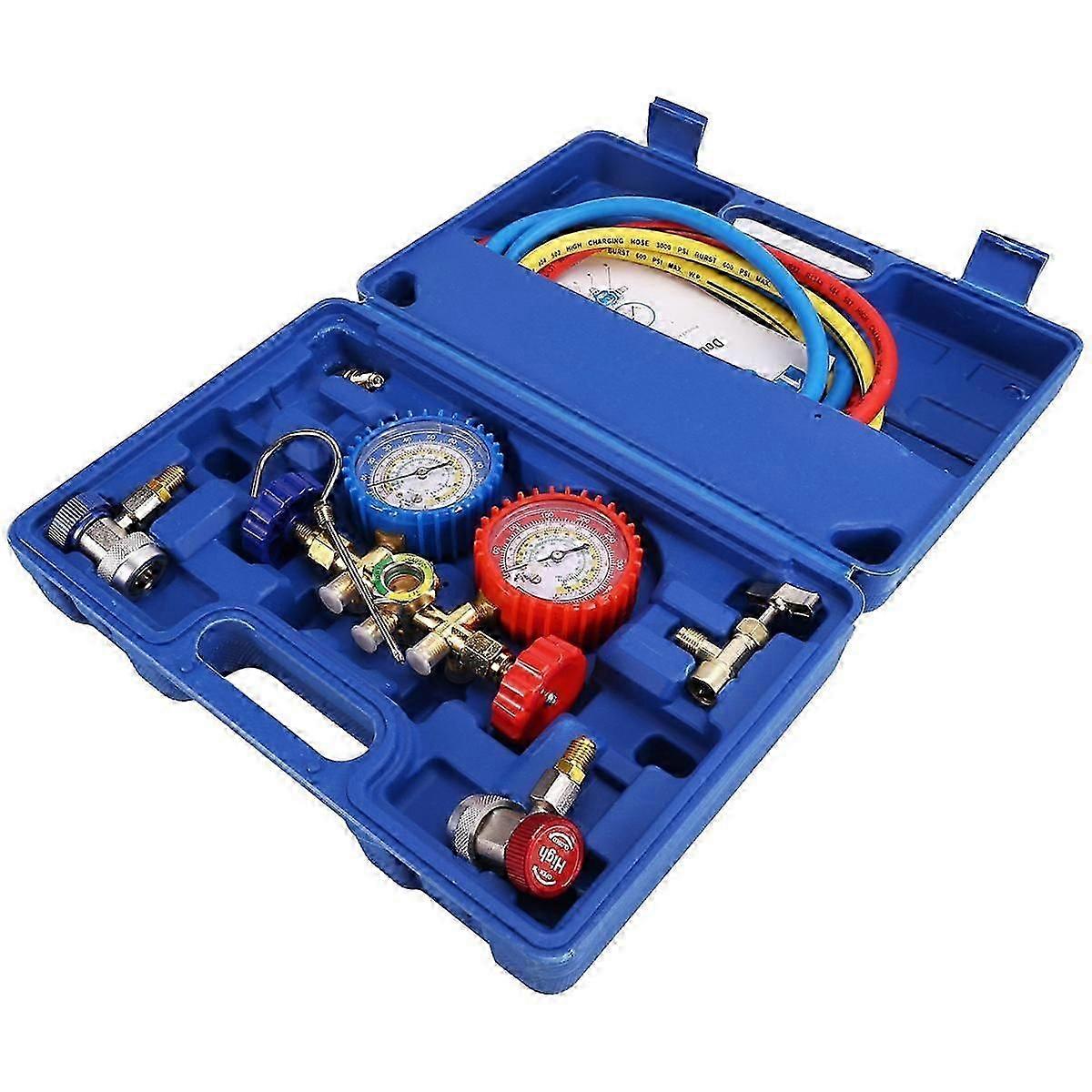 AC Gauges R134a R12 R22 R502 3 Way Automotive AC Gauge Antishock Gauges Hoses Couplers Adapter Puncturing Tap Freon Kit
