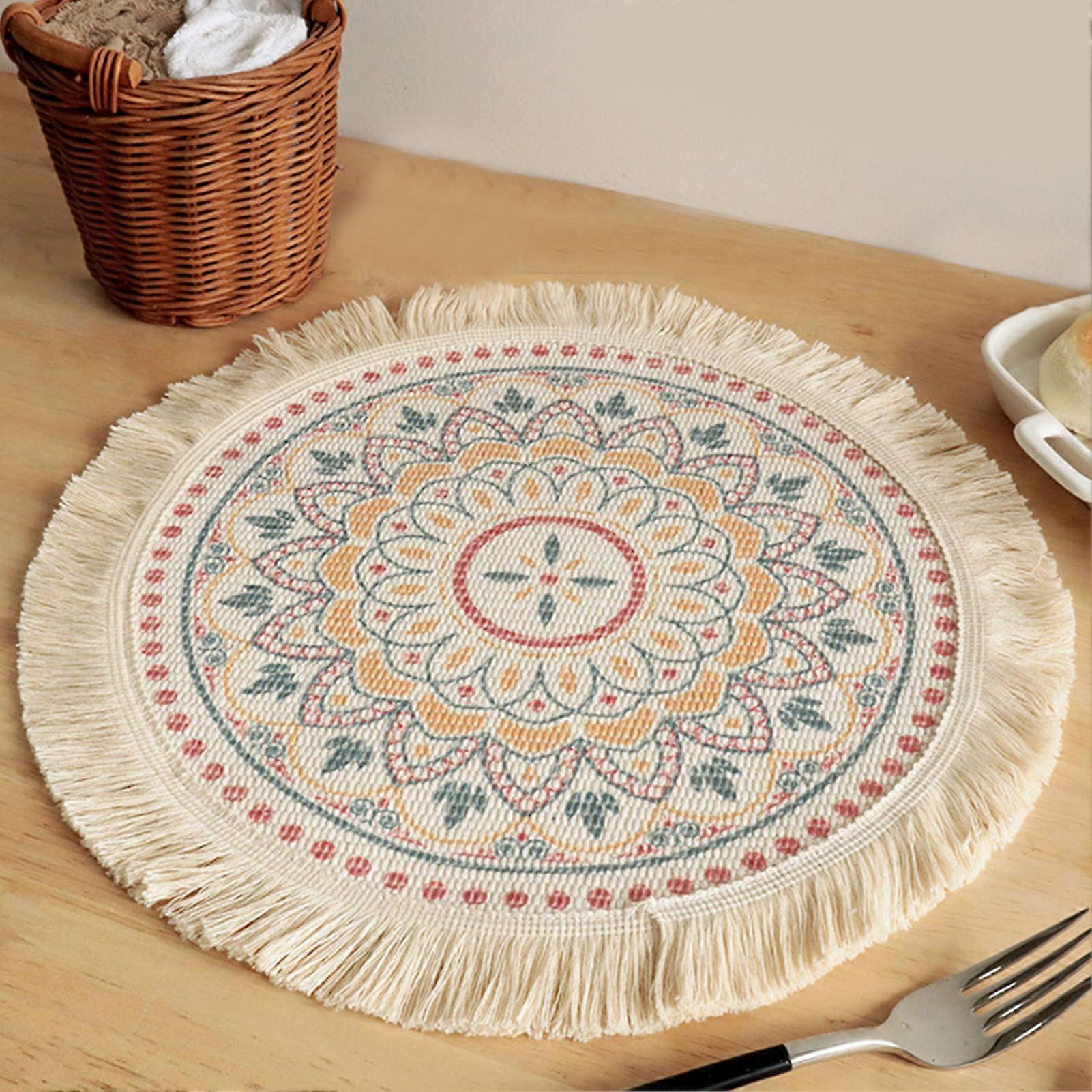 Round Cotton Polyester Placemat with Tassels Soft Kitchen Decor