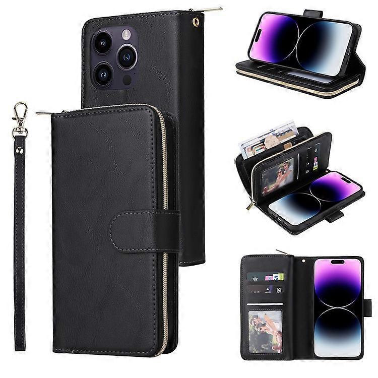 Compatible For iPhone 15 Pro Max Phone Stand Case Shell Zipper Pocket TPU+PU Leather Card Slots Wallet