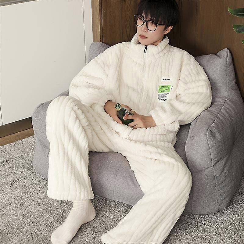 M-8XL Plus Size Pajamas Men's Winter Coral Fleece Heavy Plus Velvet Zipper Cardigan Pajamas Solid Color Warm Home Service Suit