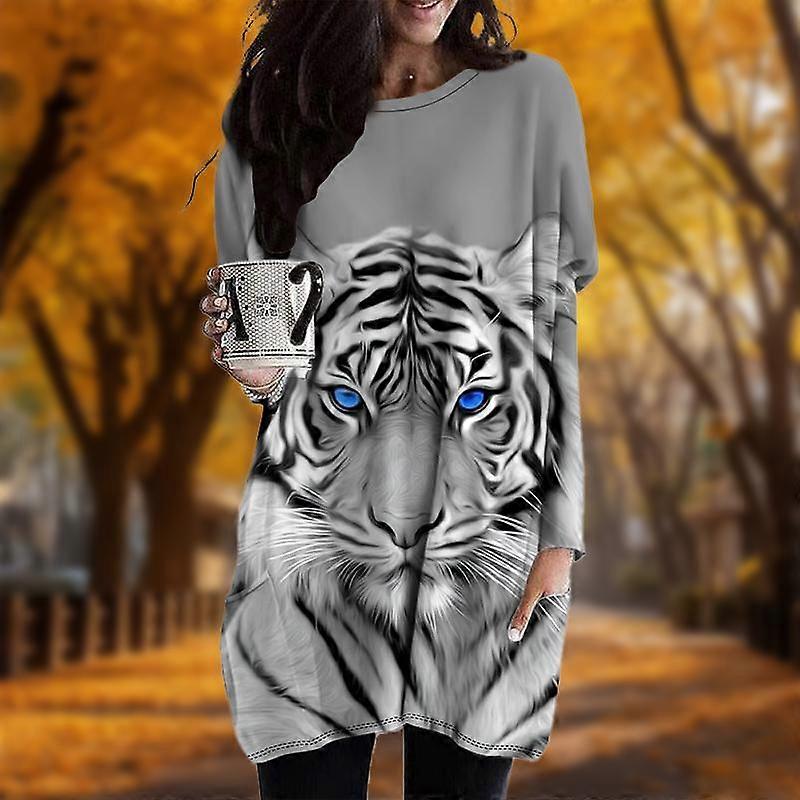 Nou în toamnă tigru imprimeu plus size rochie femei O'neck mâneci lungi rochii de buzunar casual