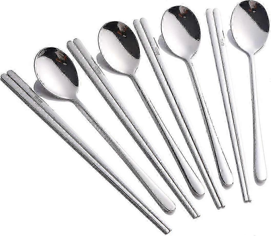 Set di bacchette e cucchiai coreani in acciaio inossidabile da 4 pezzi (8 pezzi in argento)
