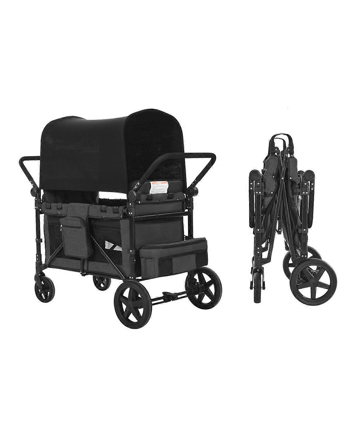 Wagon Stroller for 4 Kids, Push Pull Quad Collapsible Stroller with Adjustable Handle, Safety Harness & Removable Canopy, Dark Gray & Black