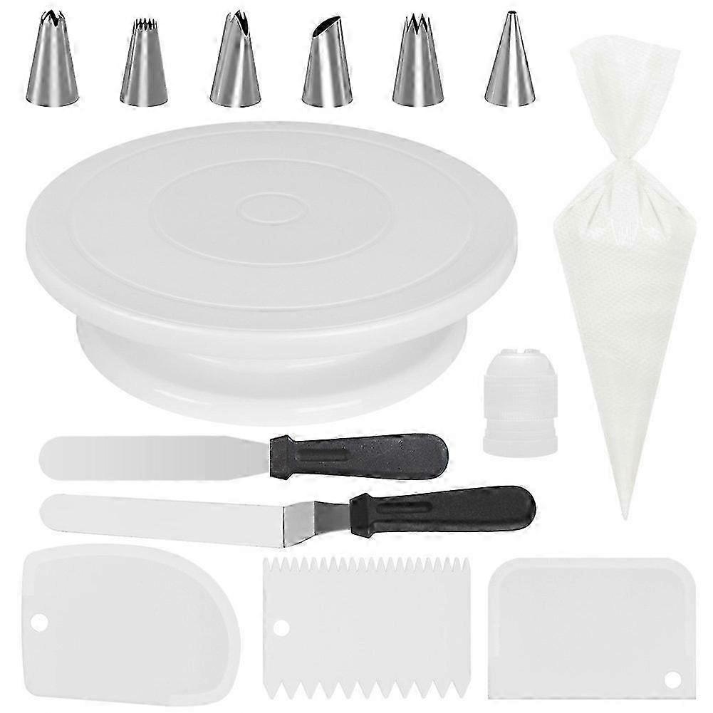 Turntable Cake Stand with 3 Icing Smoothers, 6 Piping Nozzles, 2 Couplers and 50 Disposable Piping Bags