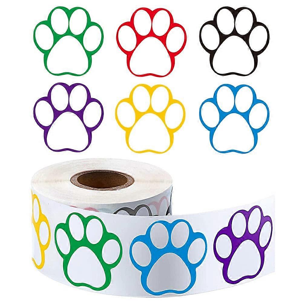 A roll of 500 colorful dog paw stickers, name labels, adhesive labels with paw prints, 2.5 cm (1 inch), mixed colors.