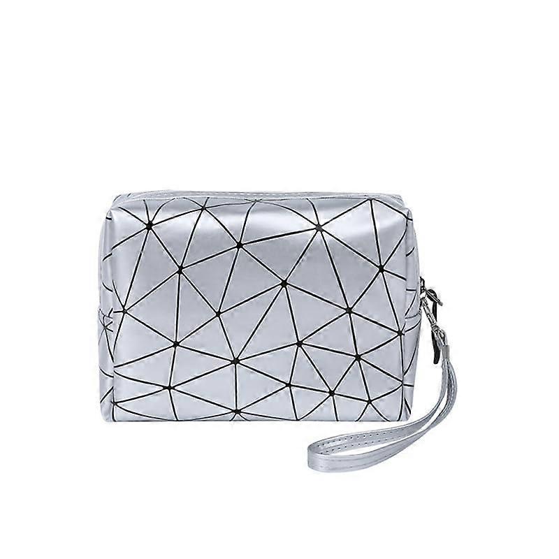 Cosmetic Bag Large Travel Makeup Organizer for Women, Geometric Zipper Case in Silver, Beauty Storage Solution