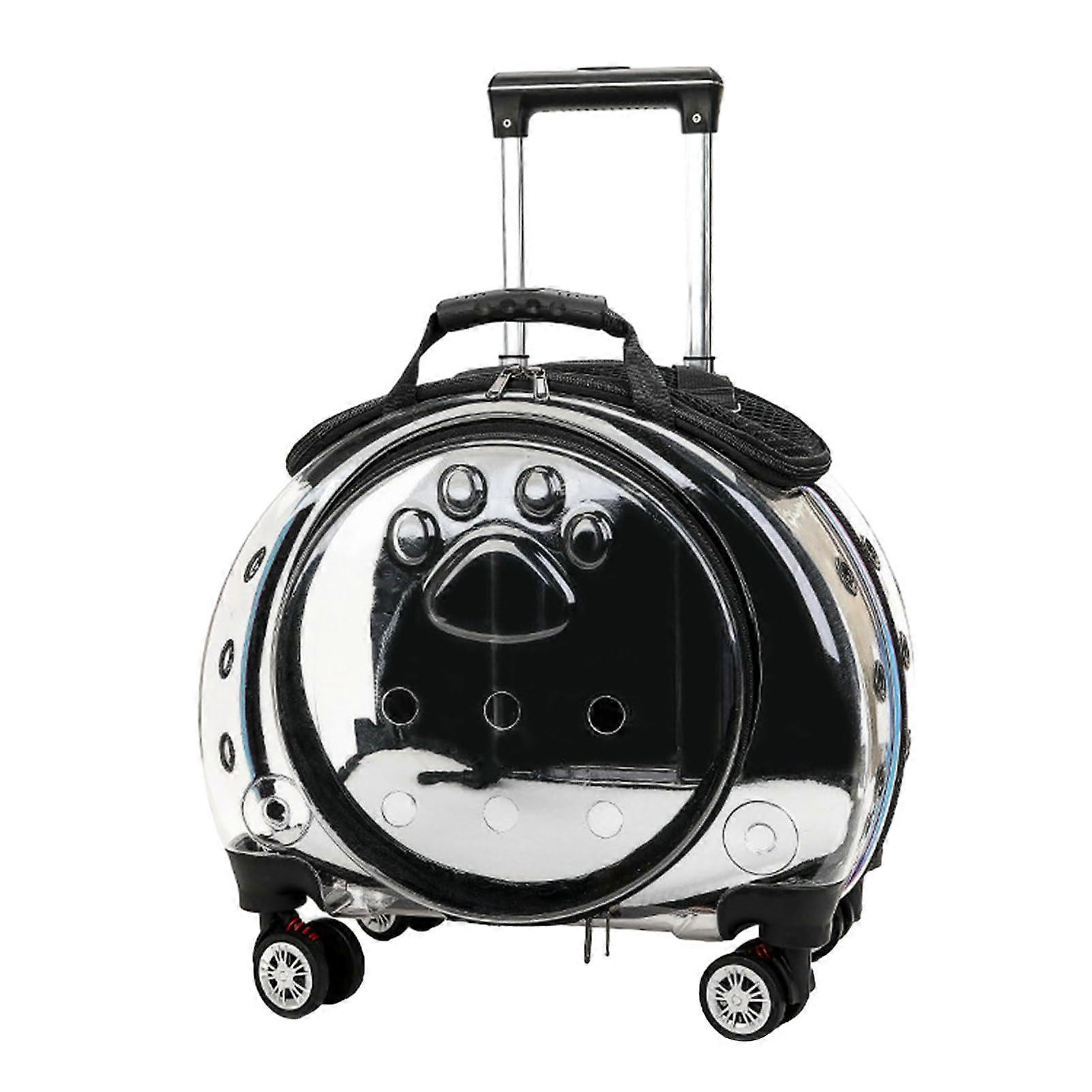Clear Window Pet Trolley Case with Ventilation Holes, Silent Wheels, Telescopic Pole, Removable Strap, Durable Black Carrier