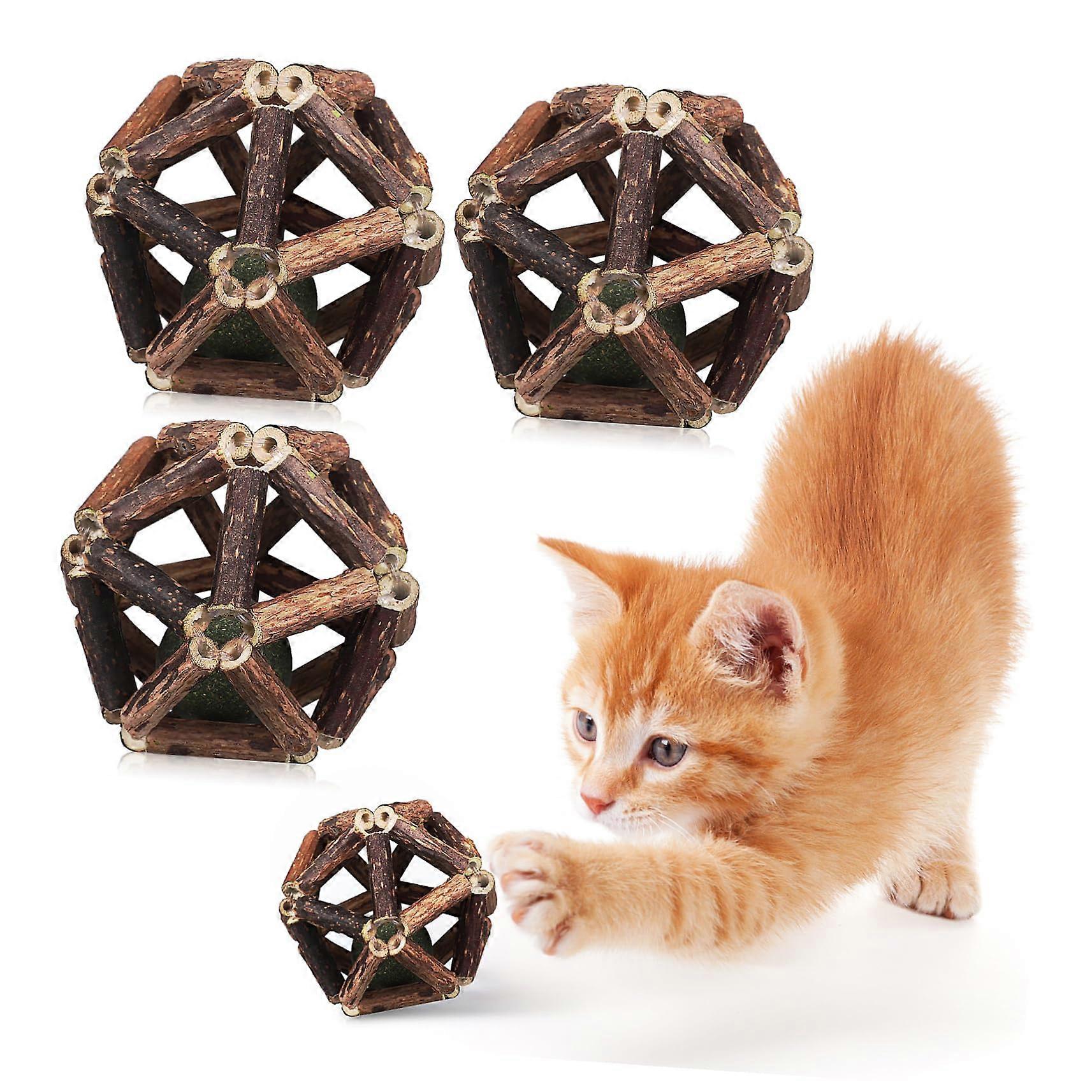 Catnip Biting Sticks Pack (4) - Wooden Cat Toys With Catnip Balls Polygonum Wood Dental Health Molar Toys For Cats