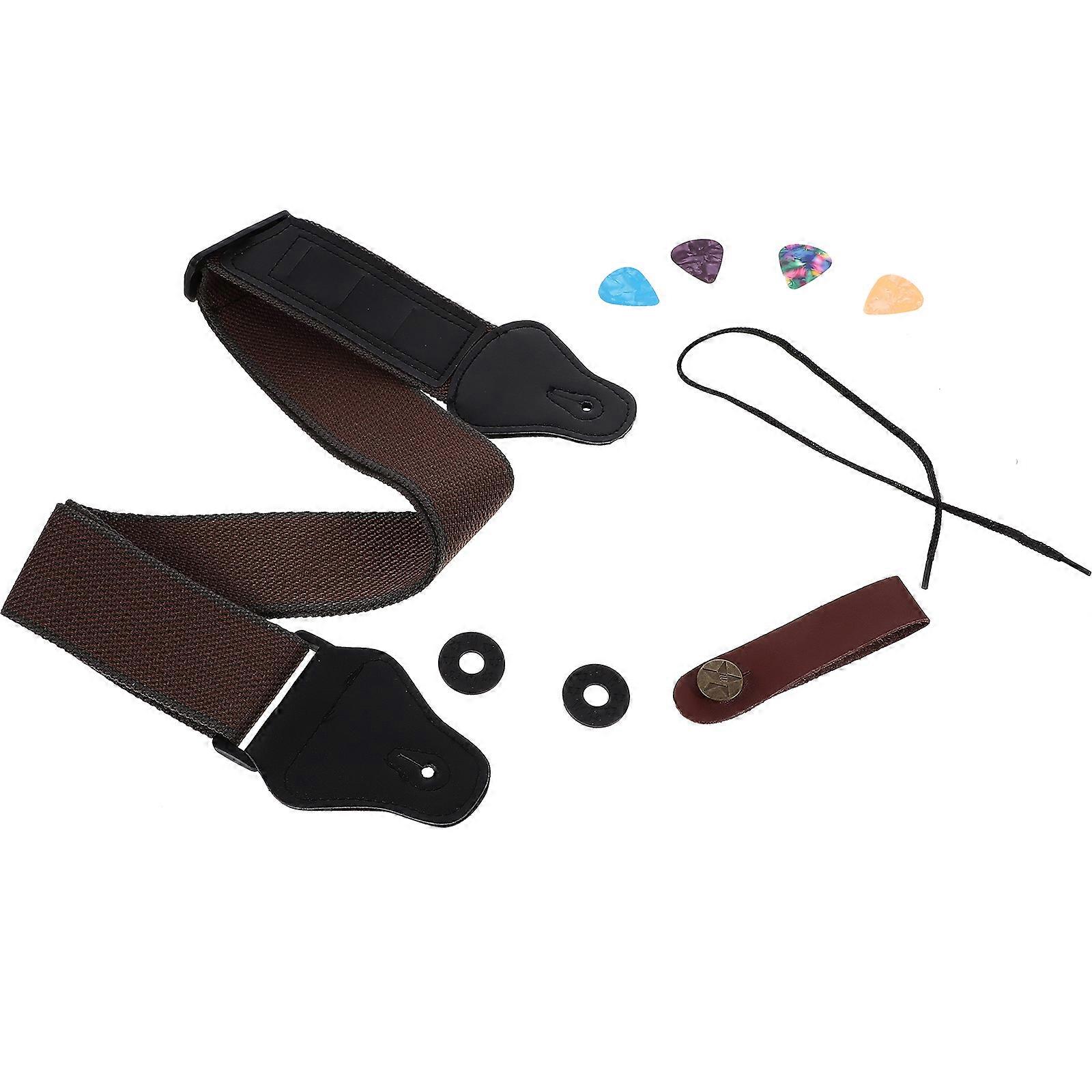 Here's a polished and professional product description based on your input:
**Guitar Strap Set with Headstock Tie, Slip Pads & Picks – Durable