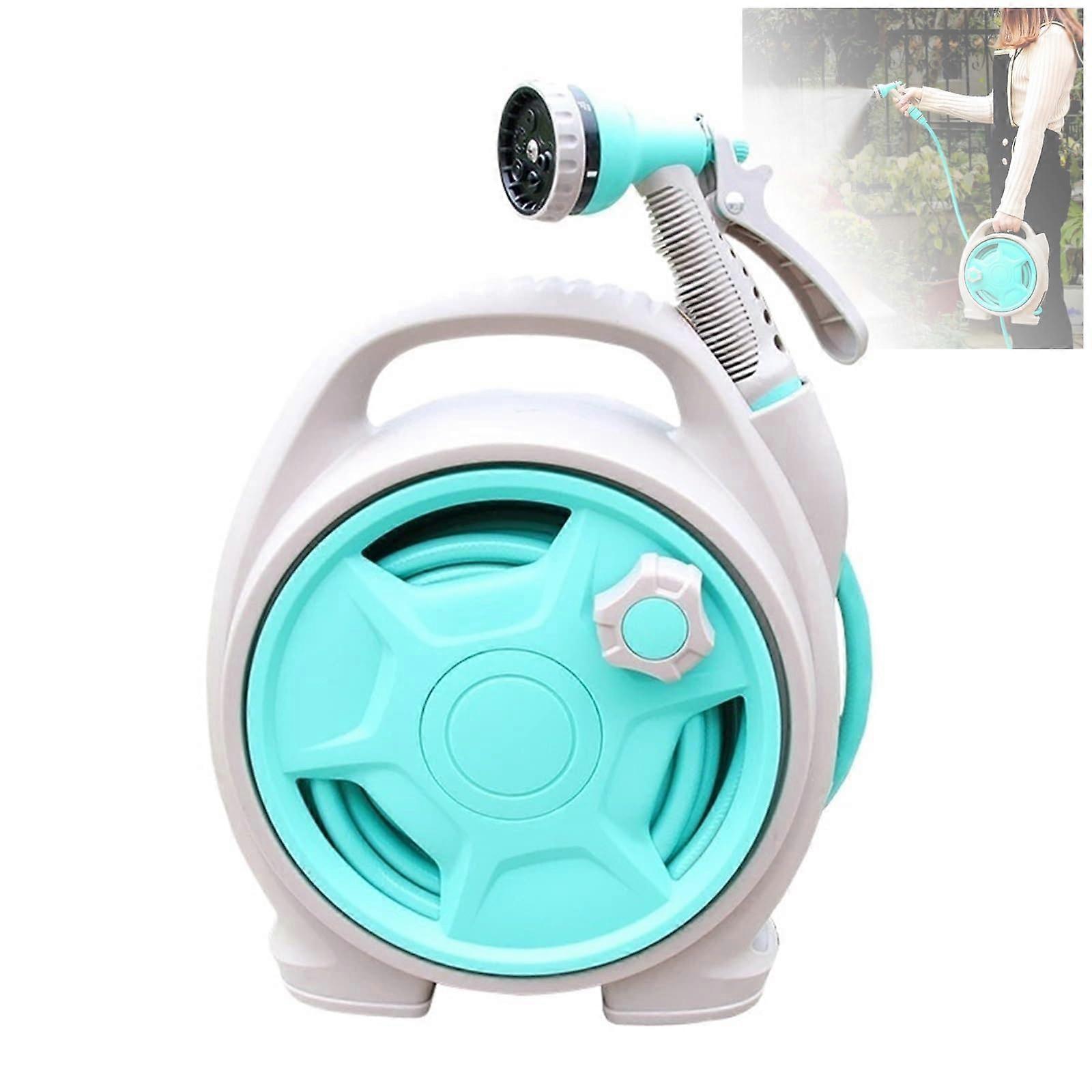 Extendable Garden Hose Reel 15m with Portable 6 Function Spray Nozzle for Watering and Cleaning Tasks