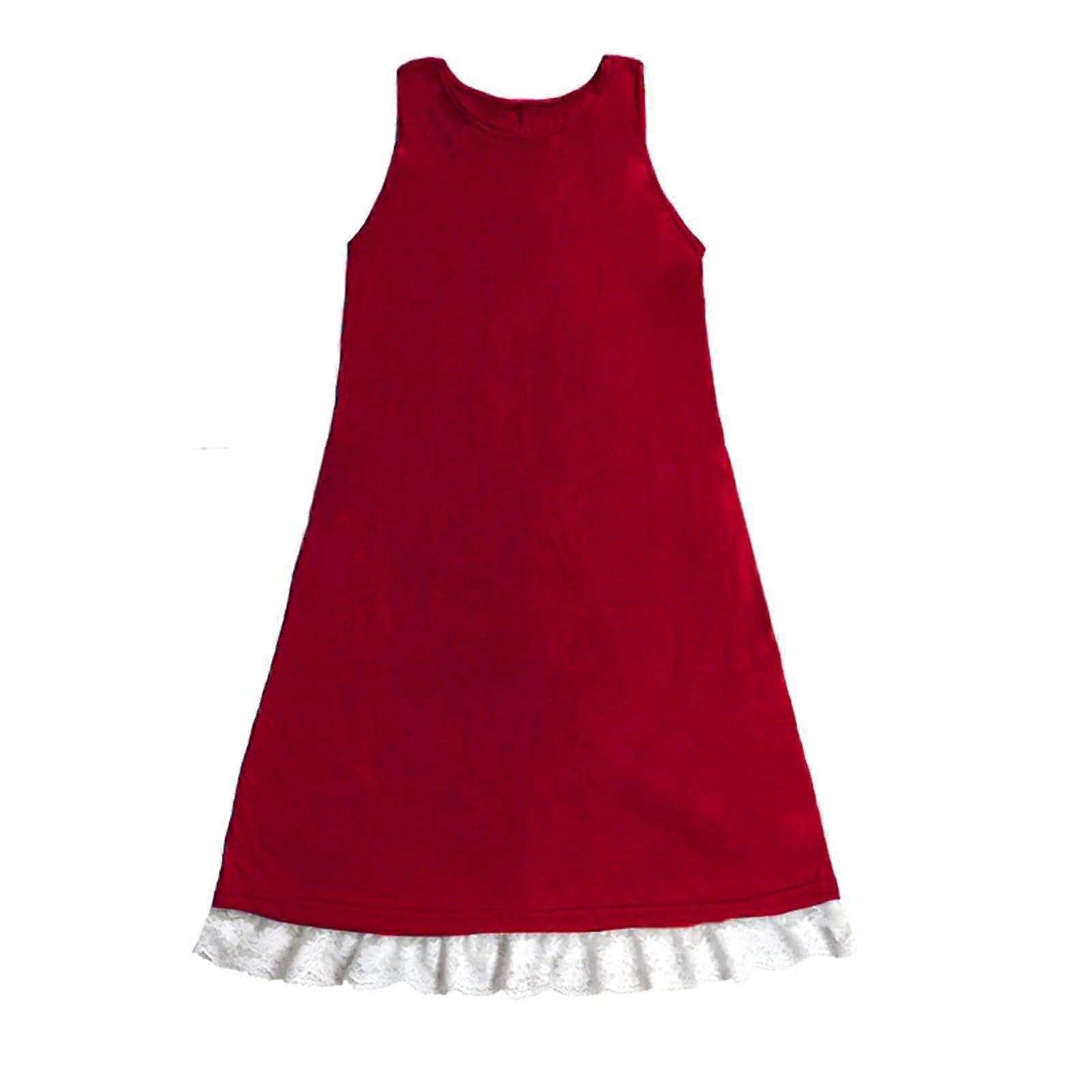 Sundress Summer Mini With Side Pockets, Lace Overlay Hem, A-Line, Sleeveless Round Neck, Wine Red, Size S