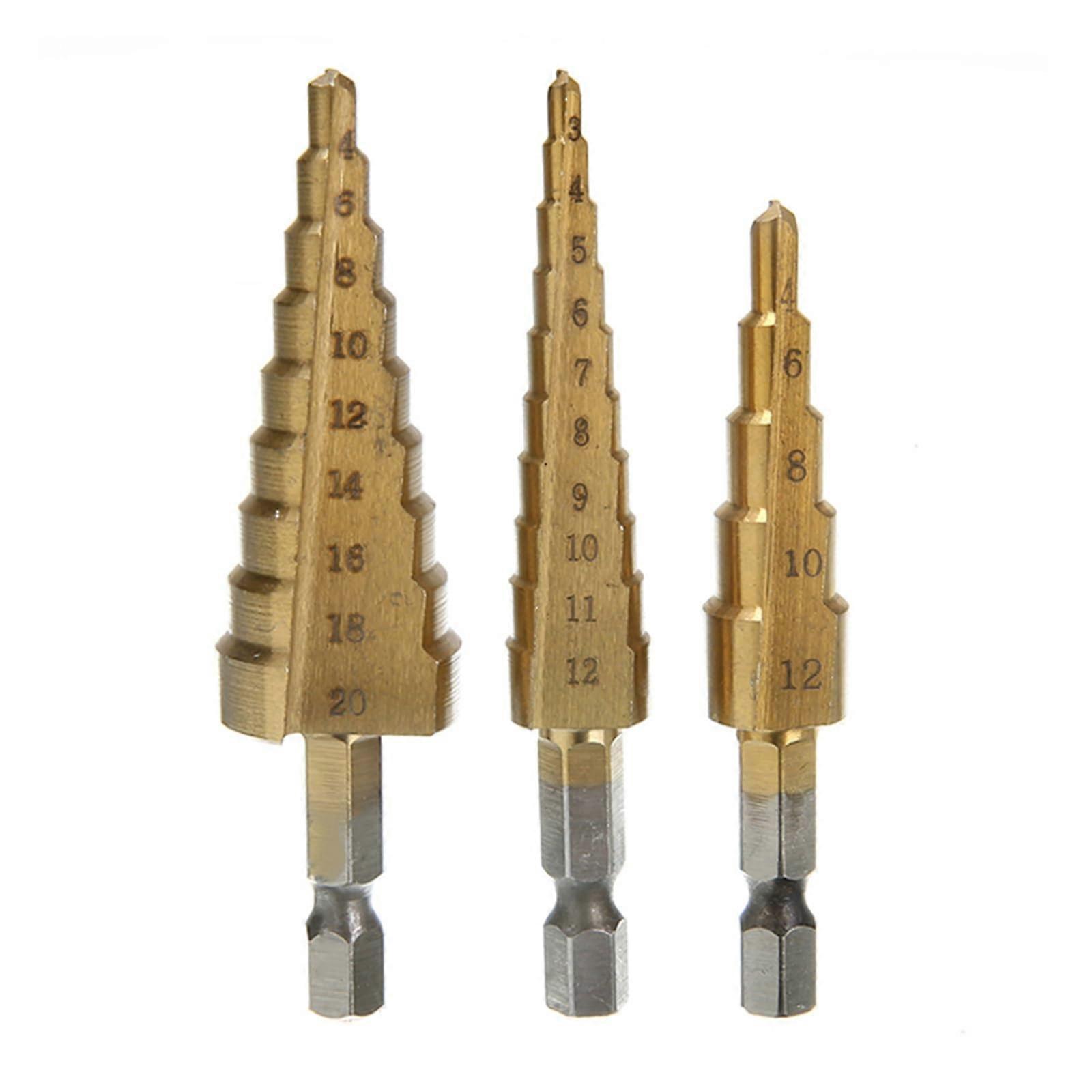 3 Pieces 312/412/420 mm HSS Spiral Centre Step Drill Bit Titanium Coated Hole Cutter Set for Woodworking Tools