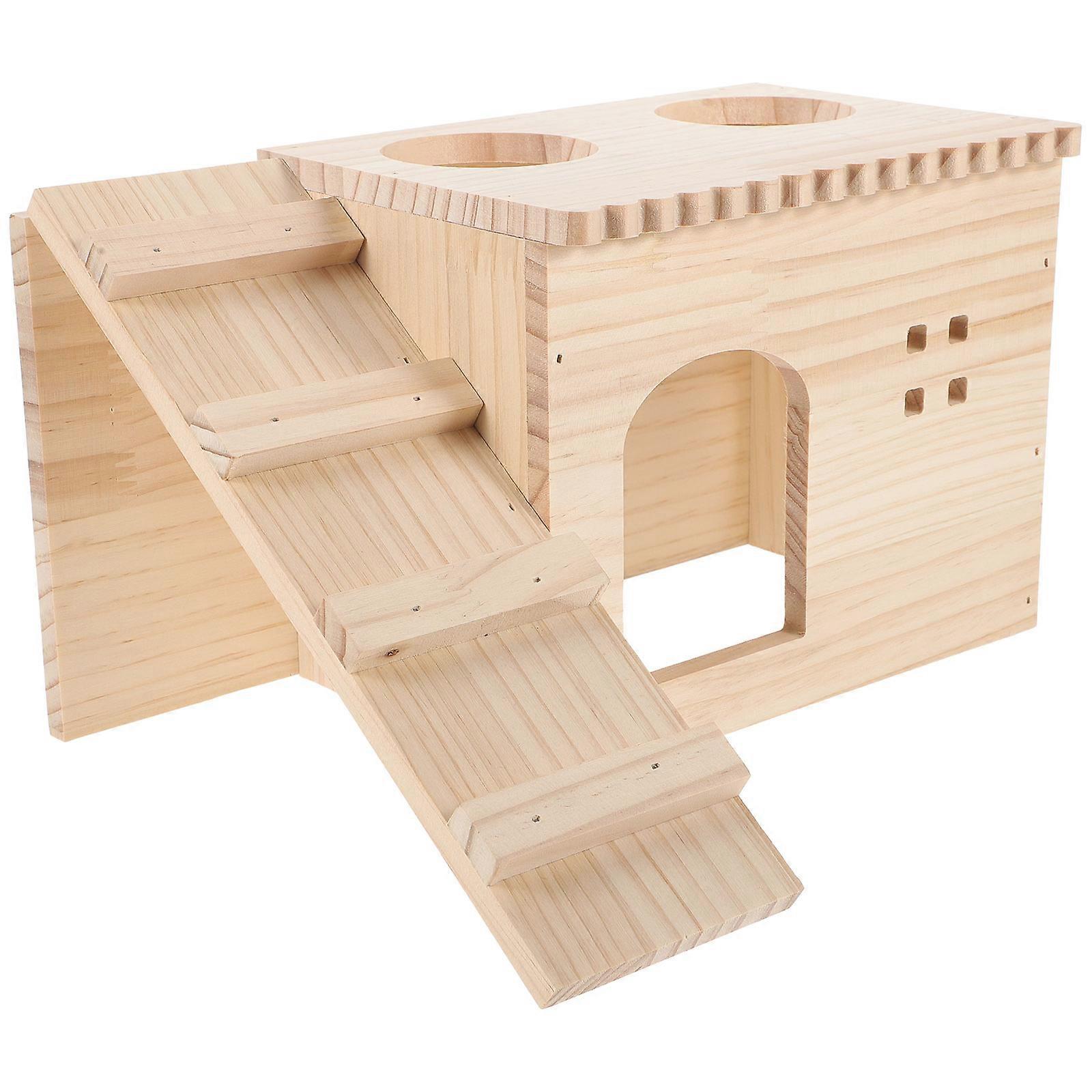 Wooden Hamster Hideout House with Ladder for Small Pets to Play and Sleep Beige Synthetic Material