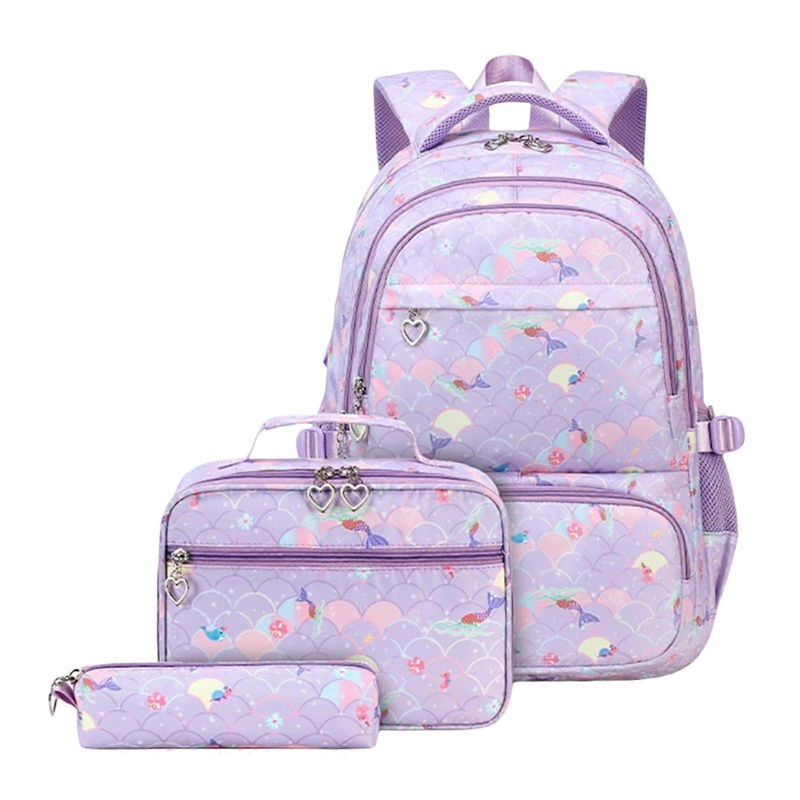 Fashion Handbag 3-Piece School Backpack Set With Lunch Bag And Pencil Case Polyester Daypack Large Capacity For Student Purple